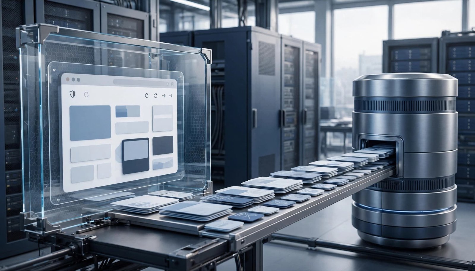 A protected browser session sends organized data toward a database inside a secure container.