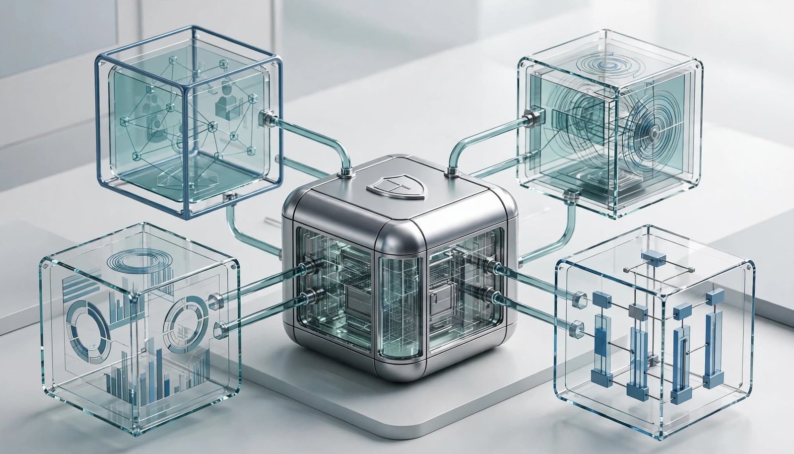 A secure central vault connects to four transparent workflow modules.