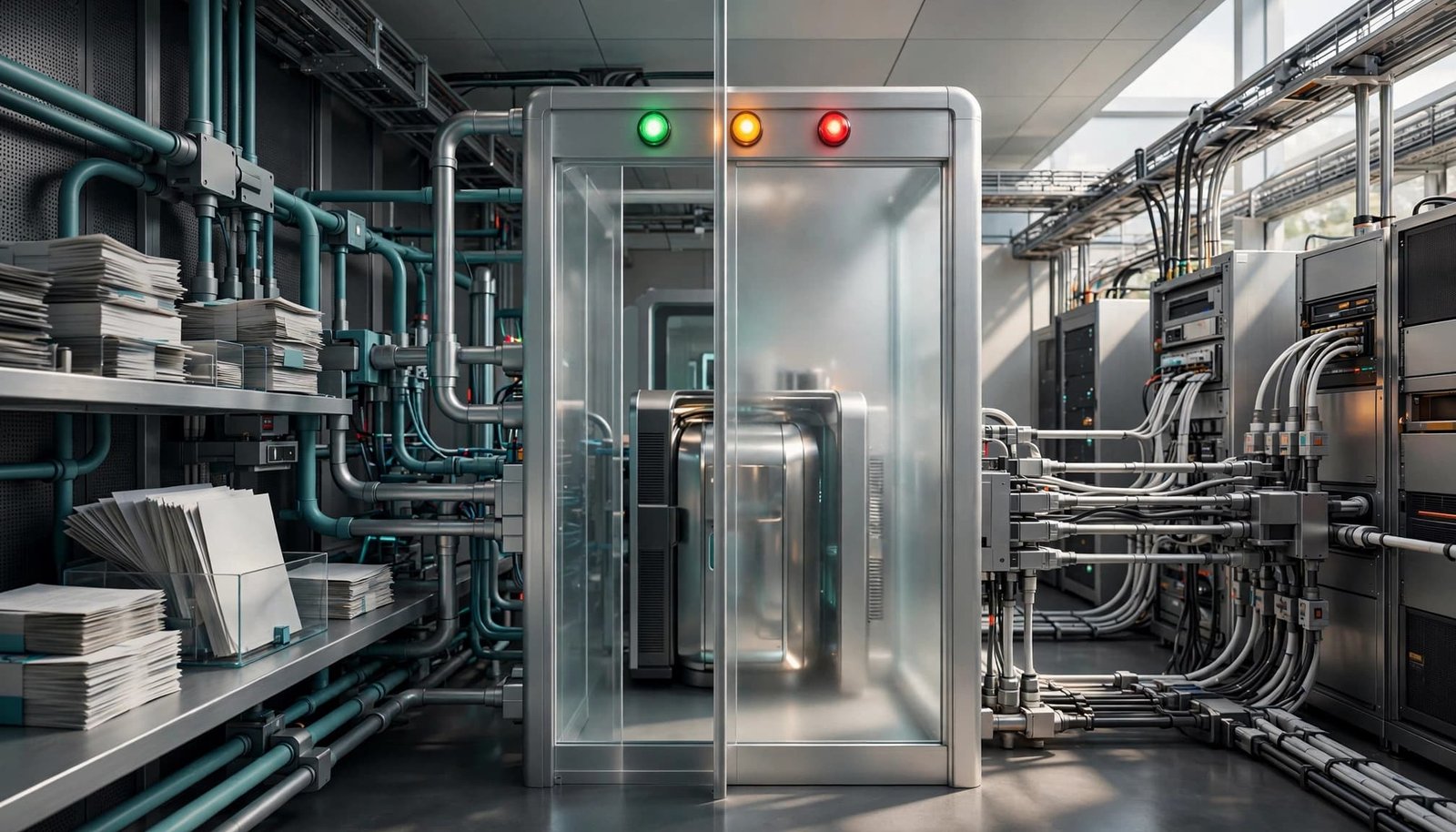 A translucent security gate separates test artifacts from production traffic with three colored status lights.