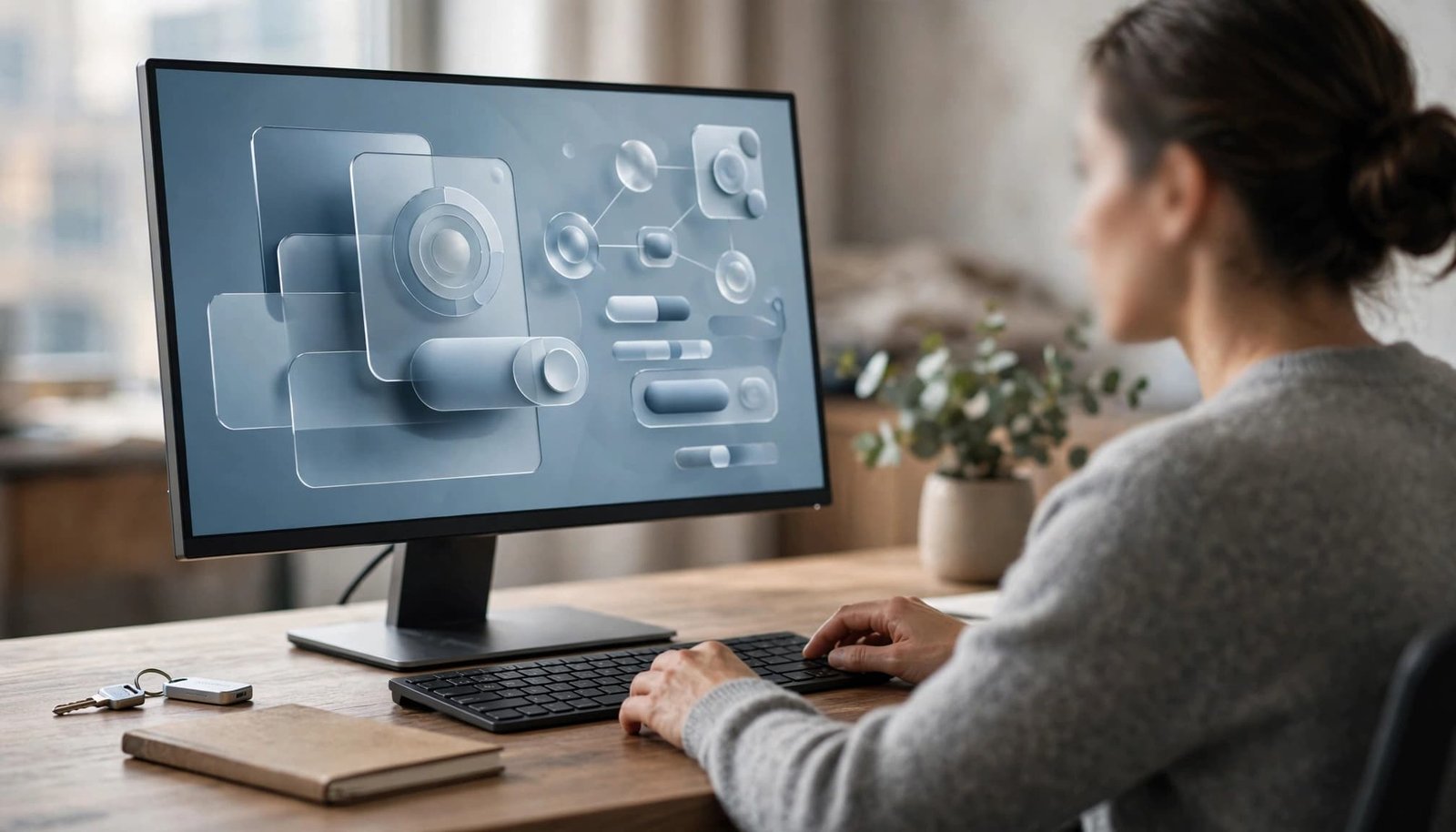 Engineer reviewing access permissions on a monitor beside a notebook and security key.