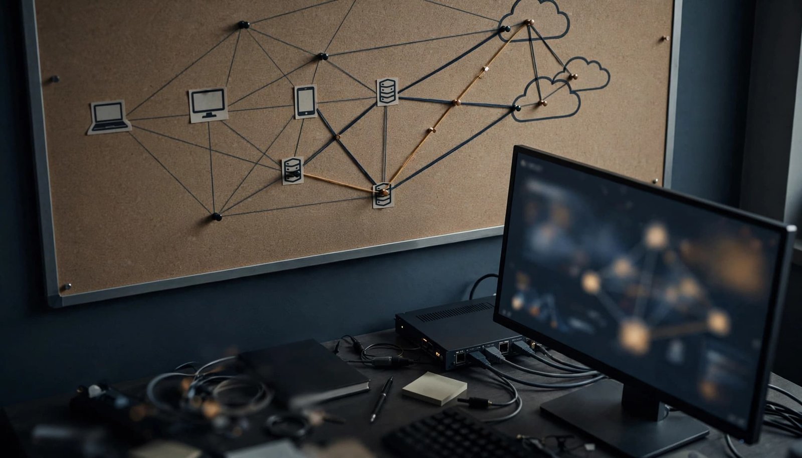 A network diagram connects endpoints and cloud services beside a monitor, with one amber route highlighted.