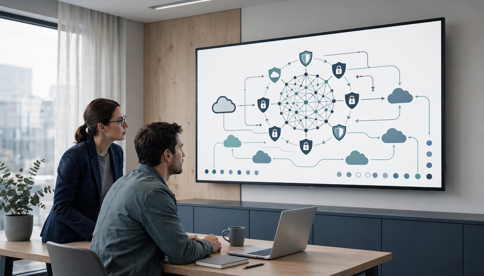 Two analysts review a security dashboard beside a laptop in a modern office.