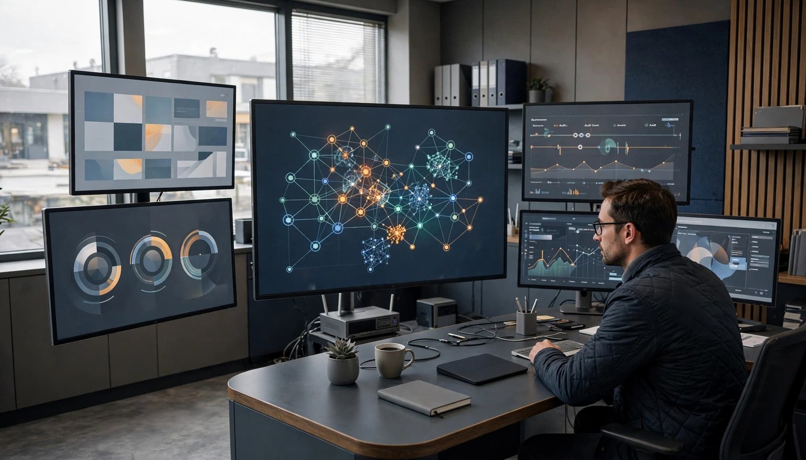An analyst reviews governance screens in a modern office control room.