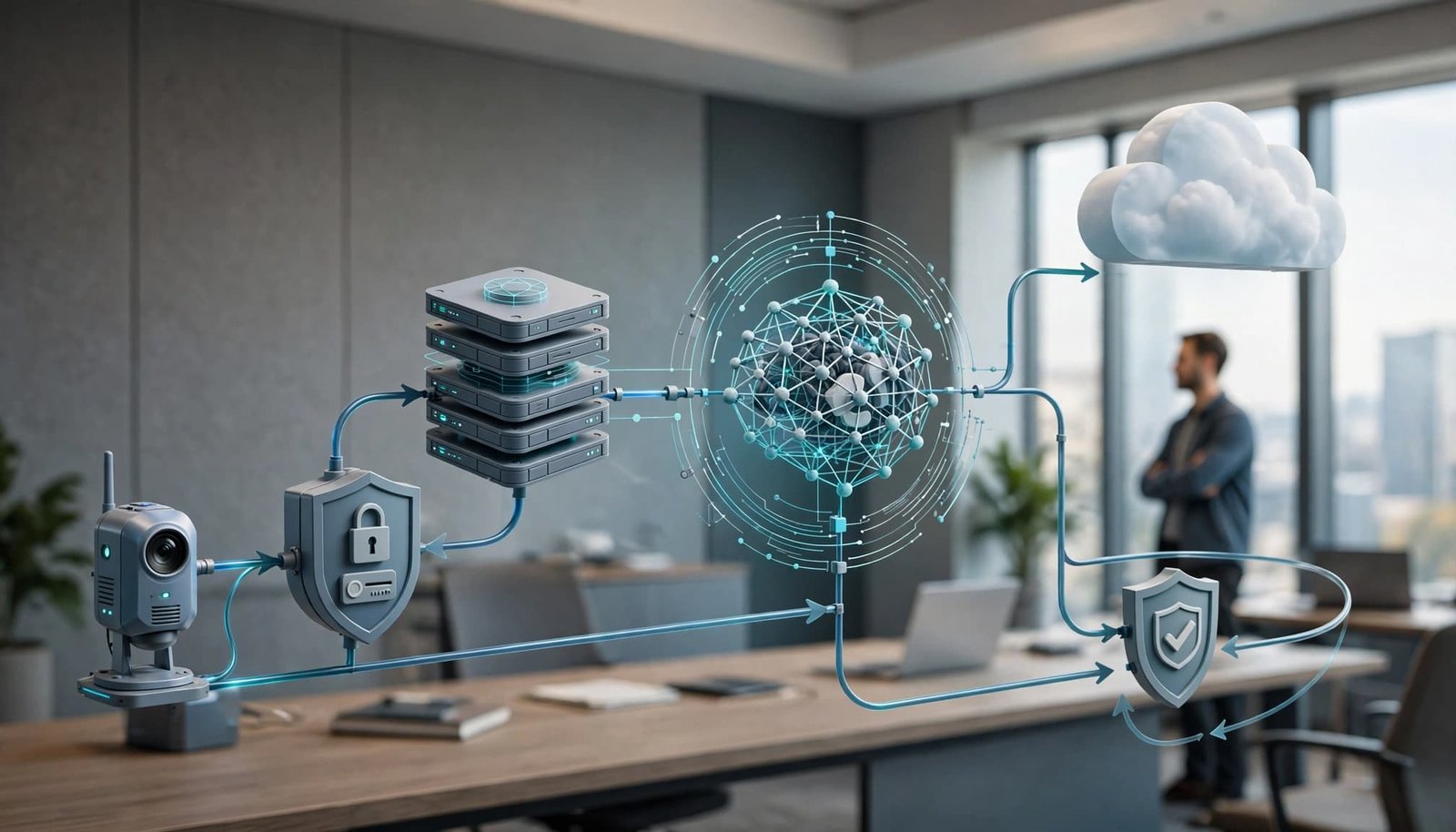 A lone analyst views a layered security architecture in an operations room.