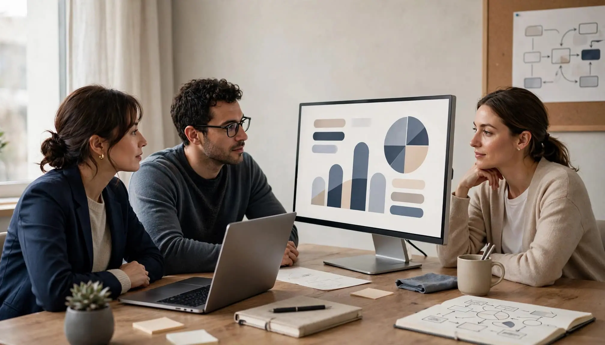 Photorealistic 16:9 scene of three coworkers in a compact US office reviewing a monthly AI workflow budget on an unbranded monitor, with a calculator, coffee, and workflow notes visible, with no text or numbers inside the image.