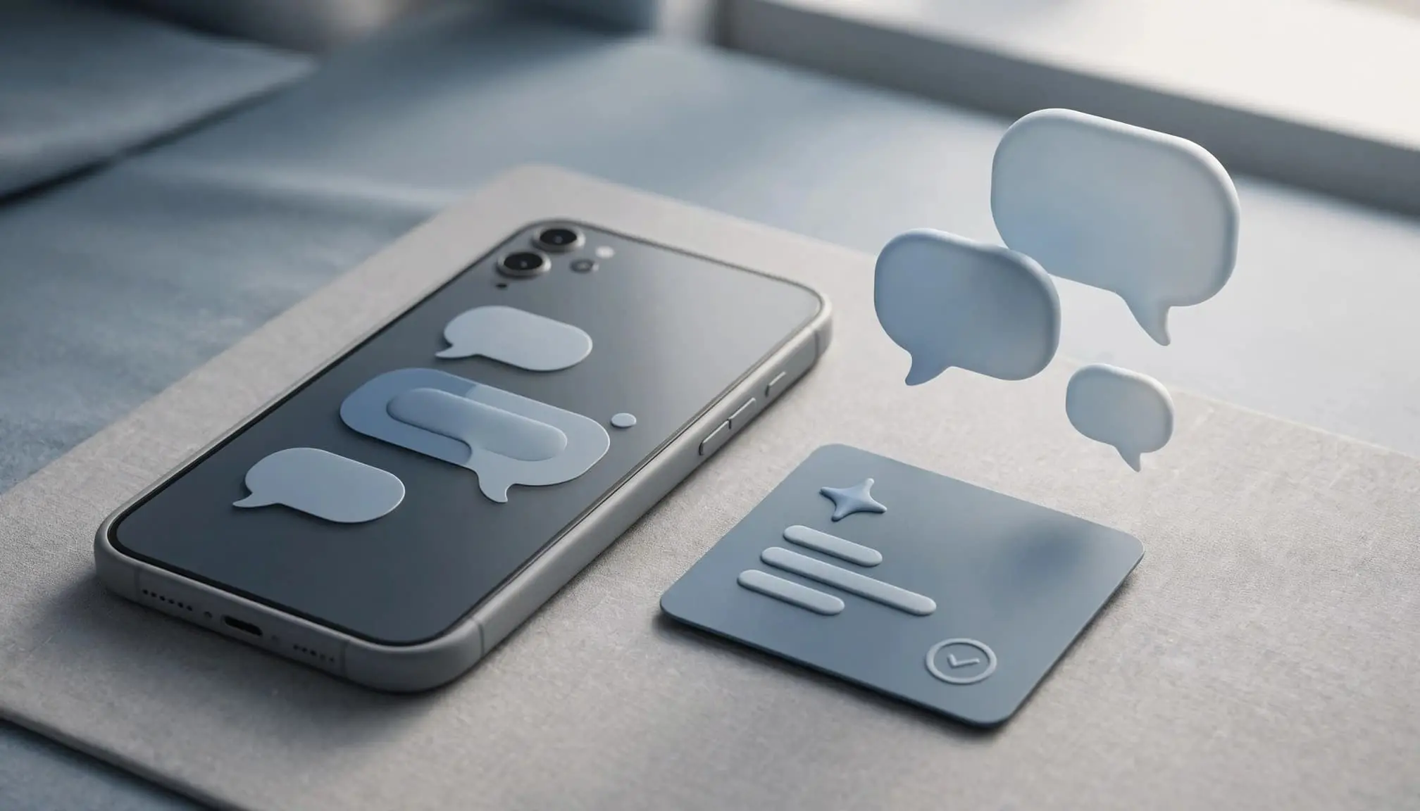 A smartphone and subscription card sit beside abstract conversation bubbles on a modern desk.