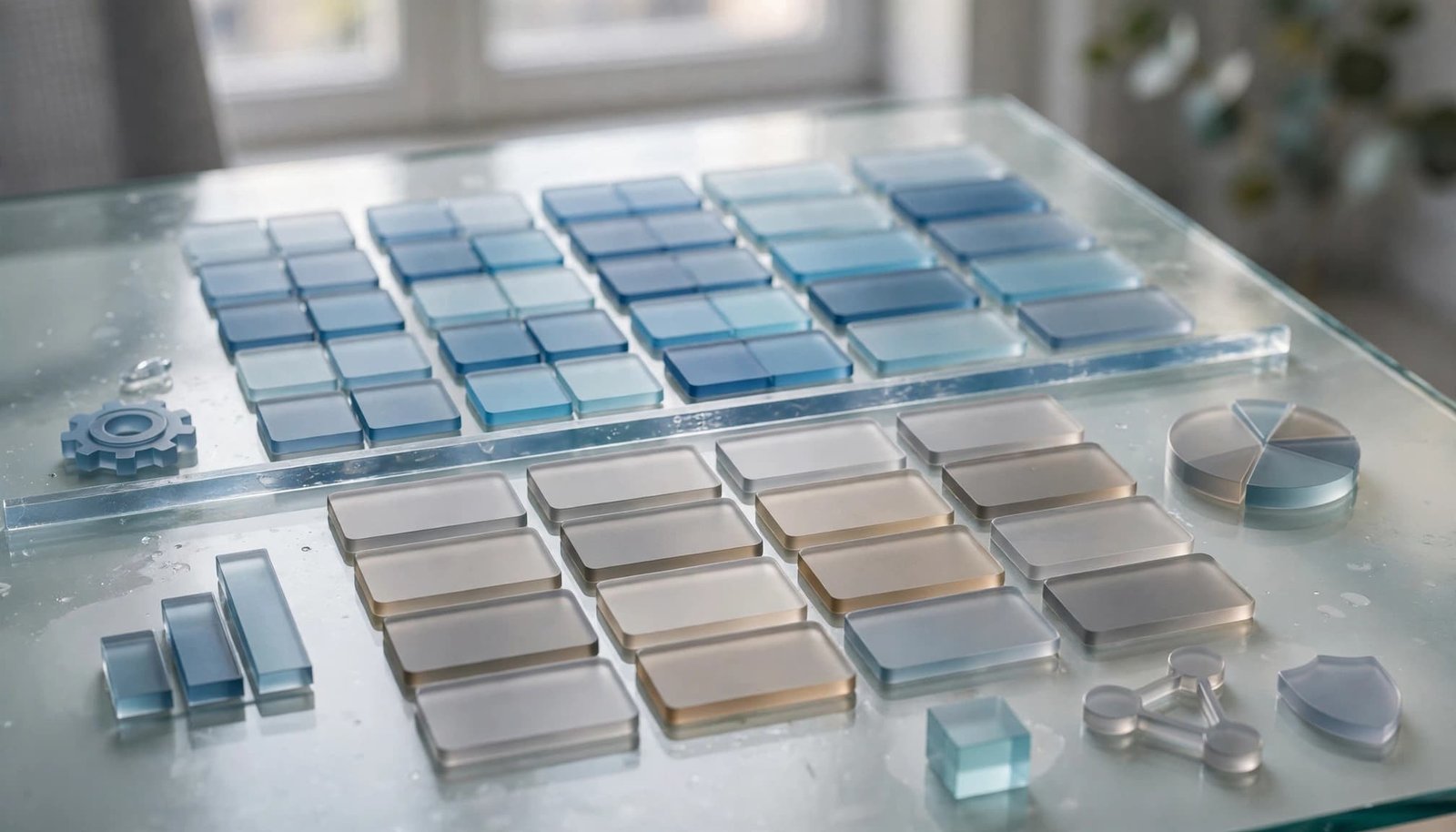 Colored scoring tiles, charts, and workflow tokens sit on a glass table.