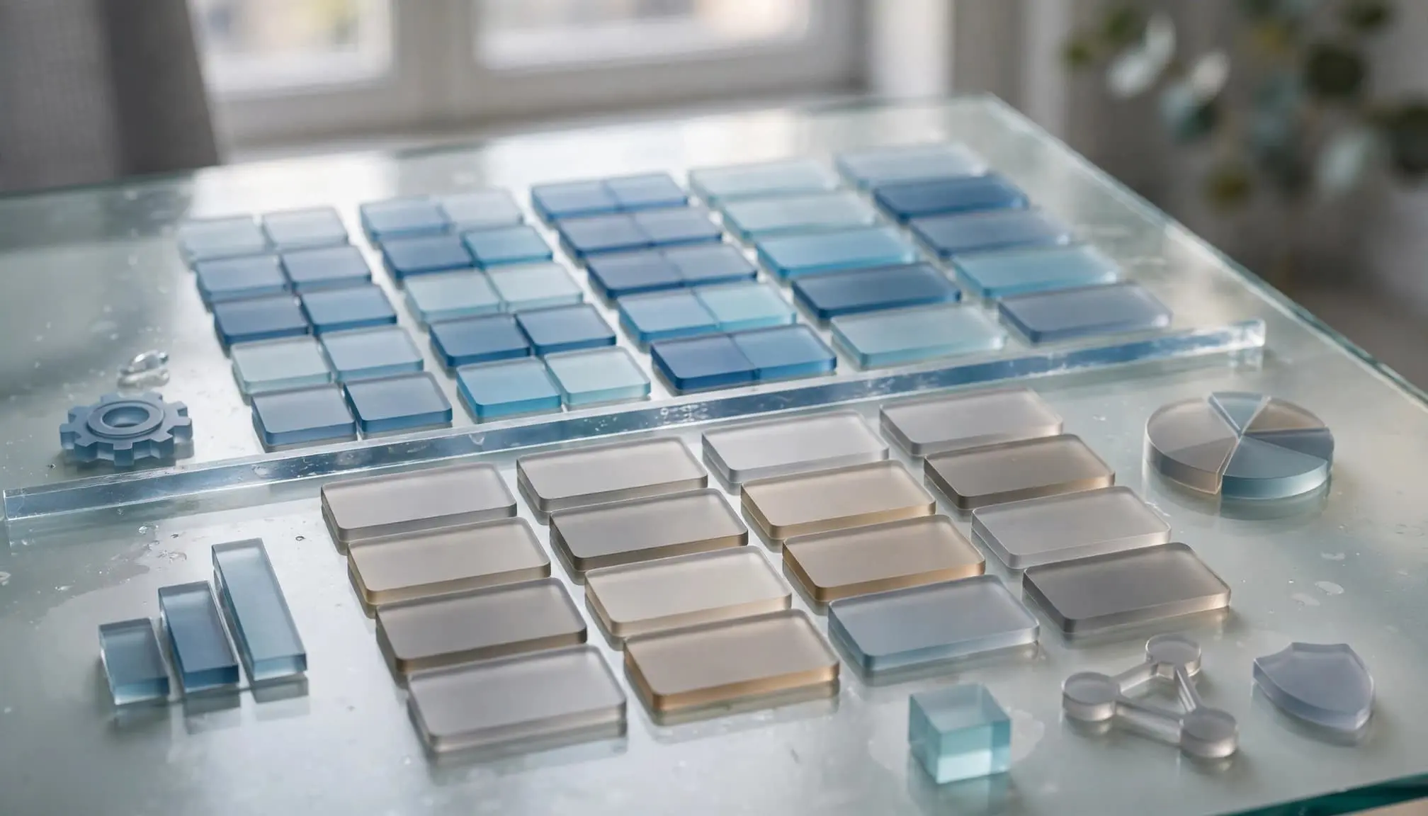 Colored scoring tiles, charts, and workflow tokens sit on a glass table.