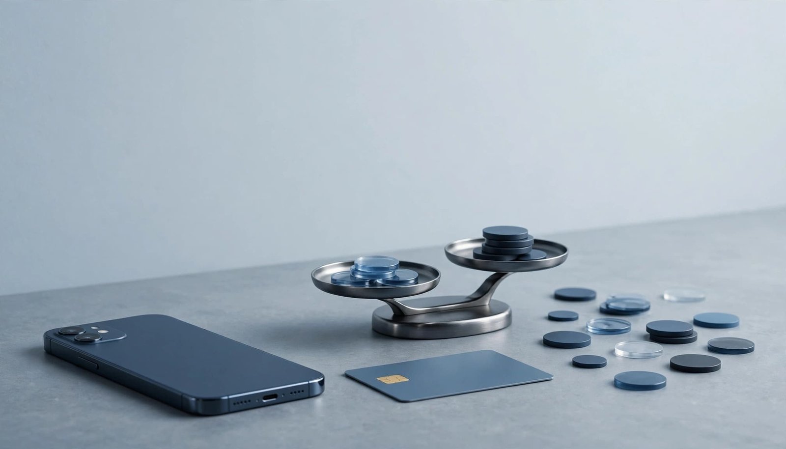 A smartphone, payment card, tokens, and scale represent subscription and usage costs.