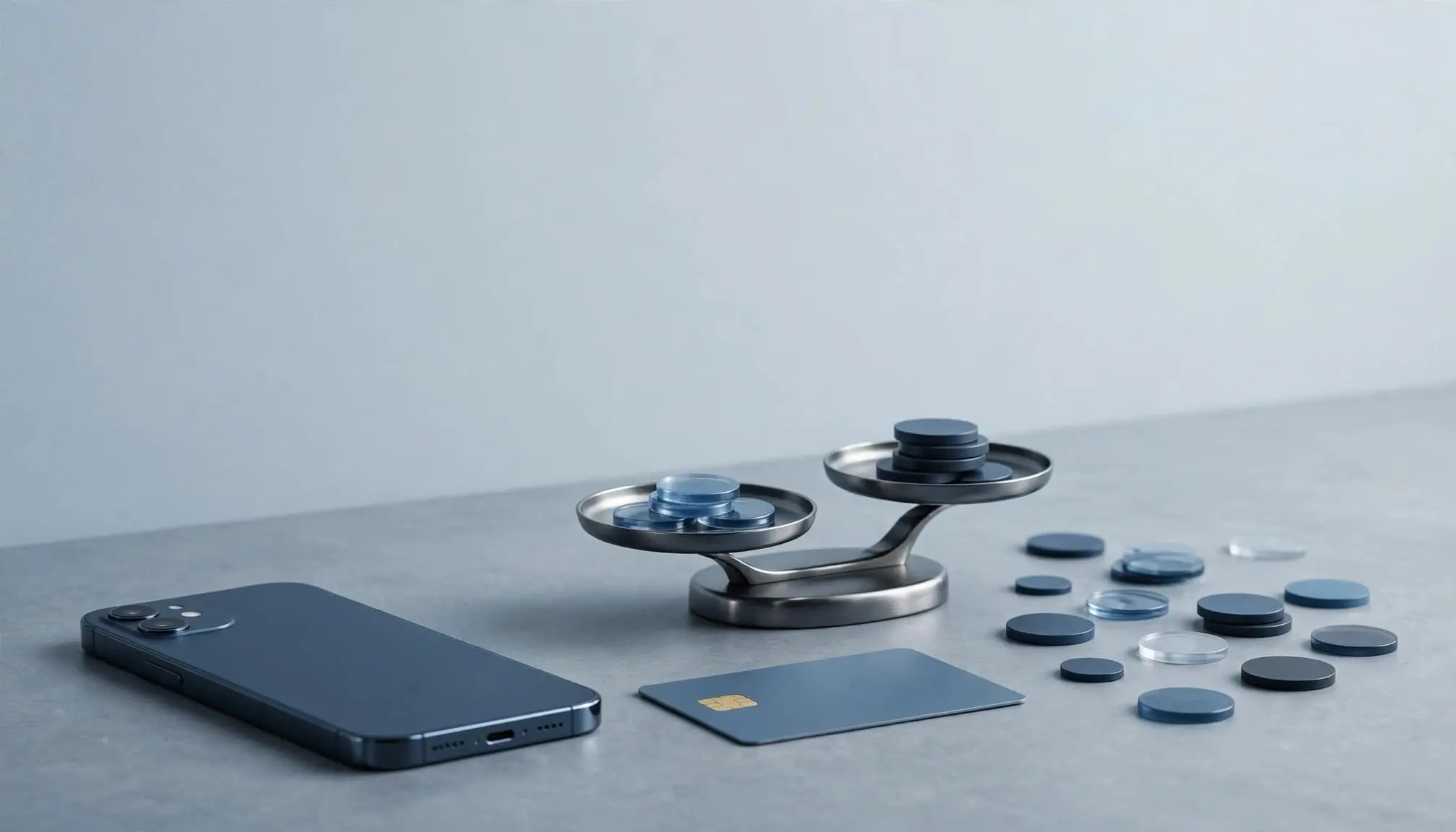 A smartphone, payment card, tokens, and scale represent subscription and usage costs.