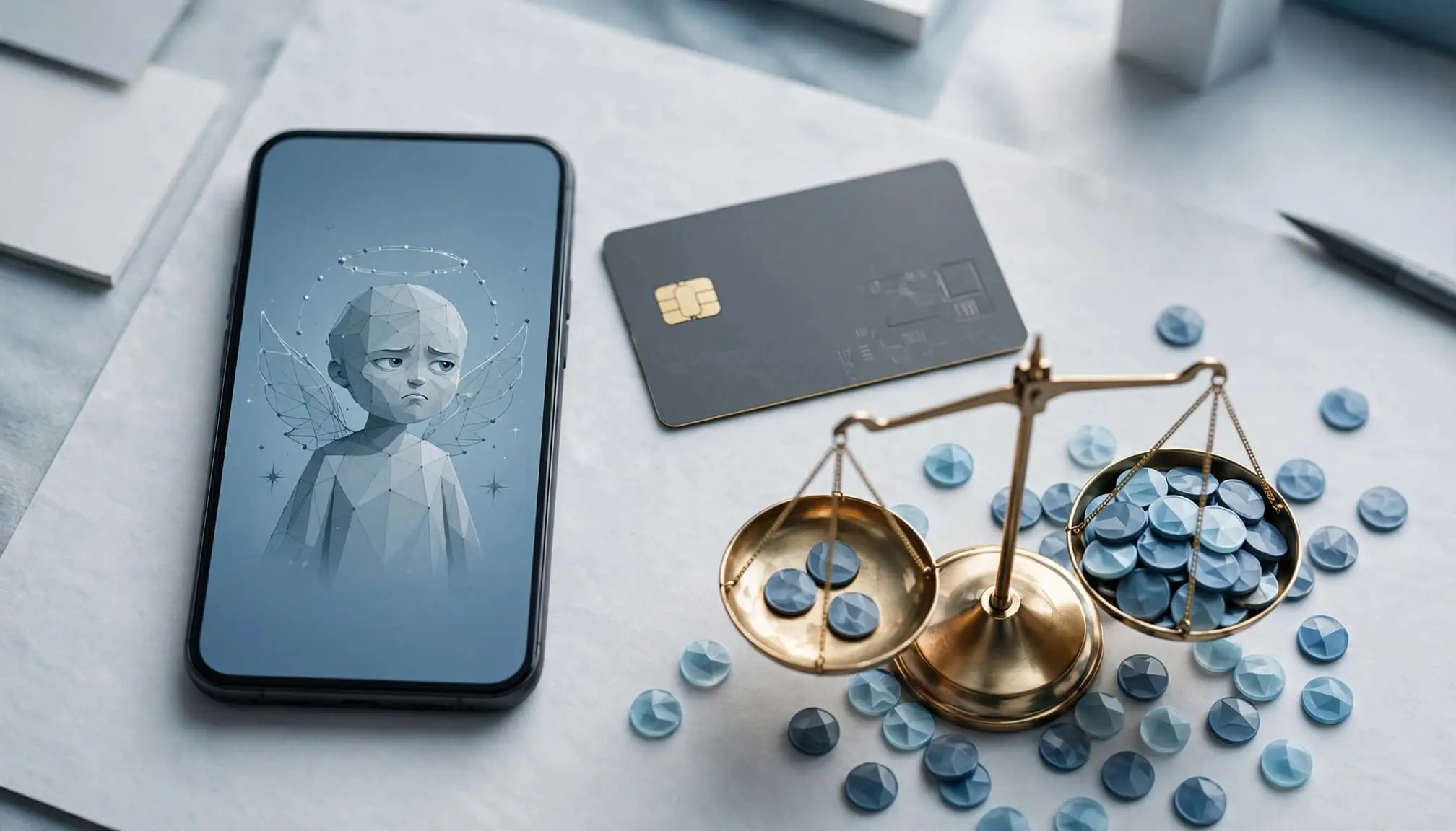 A smartphone, subscription card, tokens, and muted angel avatar arranged on a small scale.