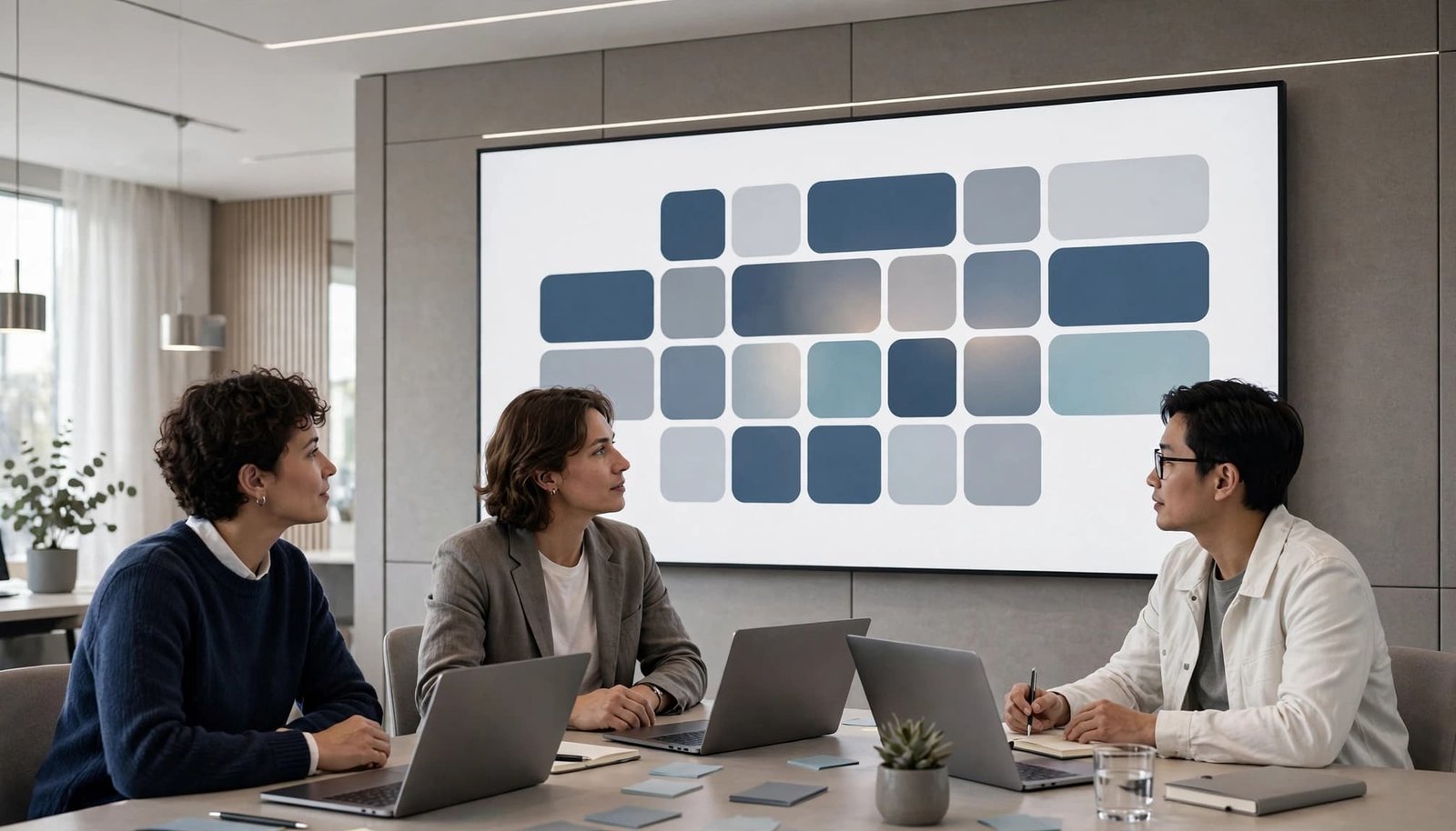 Three coworkers plan the week with laptops and a shared calendar display.