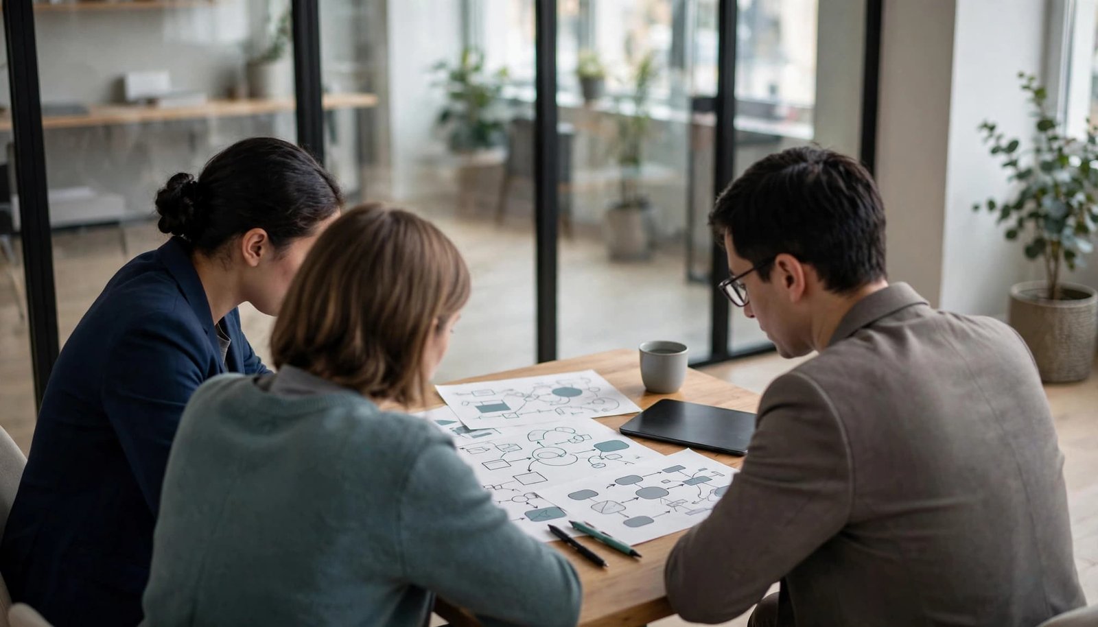 Three colleagues review paper diagrams around a table in a bright office.