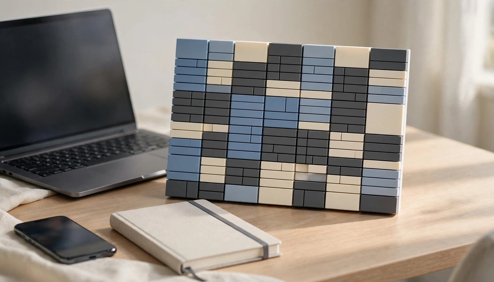 Laptop, phone, and planner beside a colored block calendar visualization.