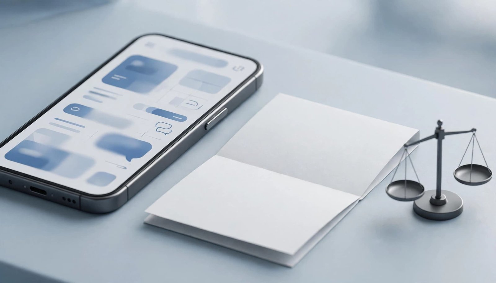 A smartphone, contract document, and balance scale arranged on a clean workspace.