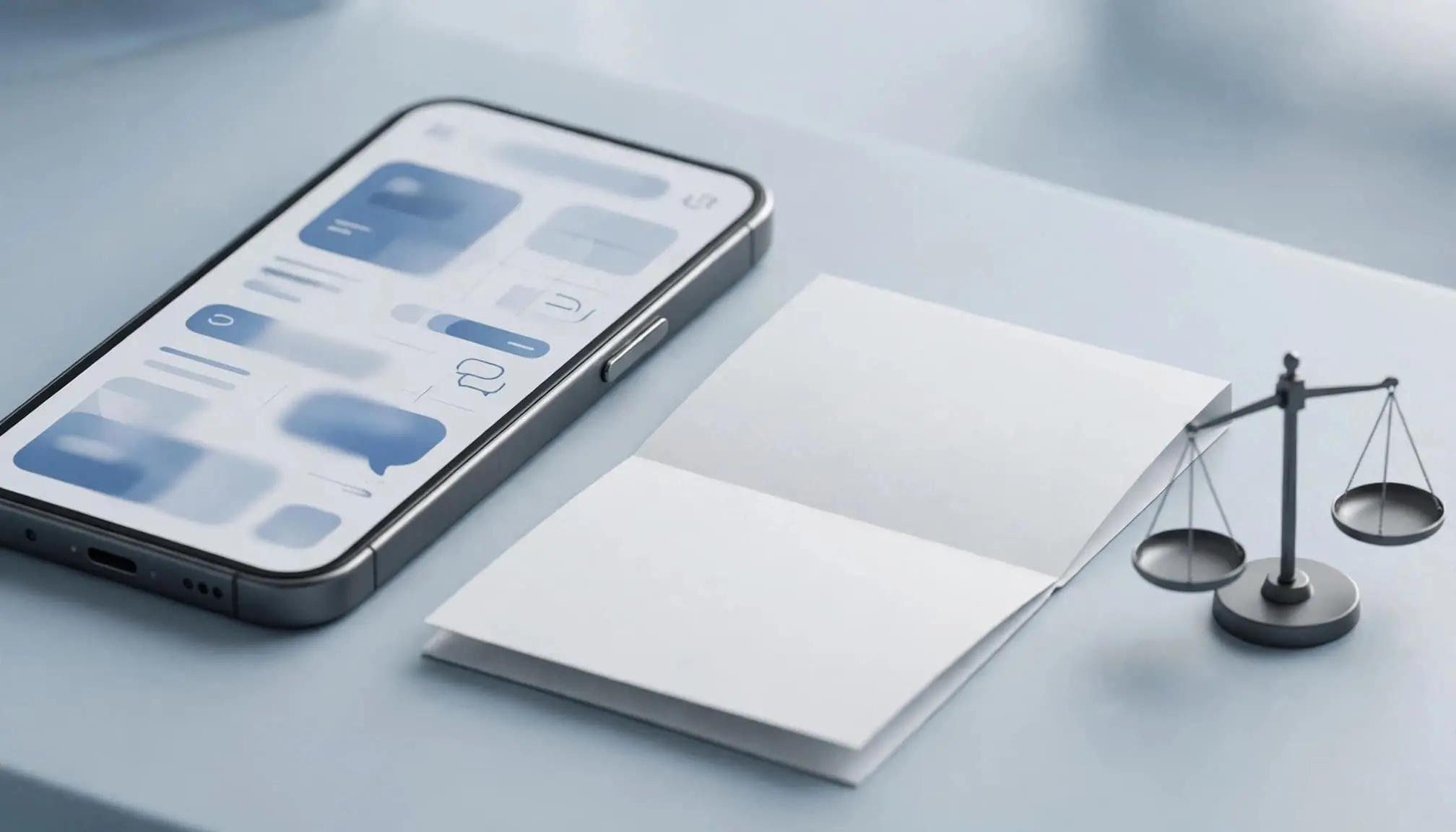 A smartphone, contract document, and balance scale arranged on a clean workspace.