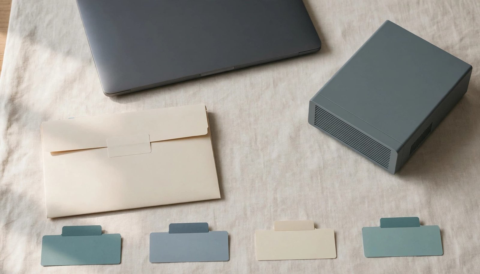 A laptop, small server, sealed folder, and colored tabs arranged on a table.