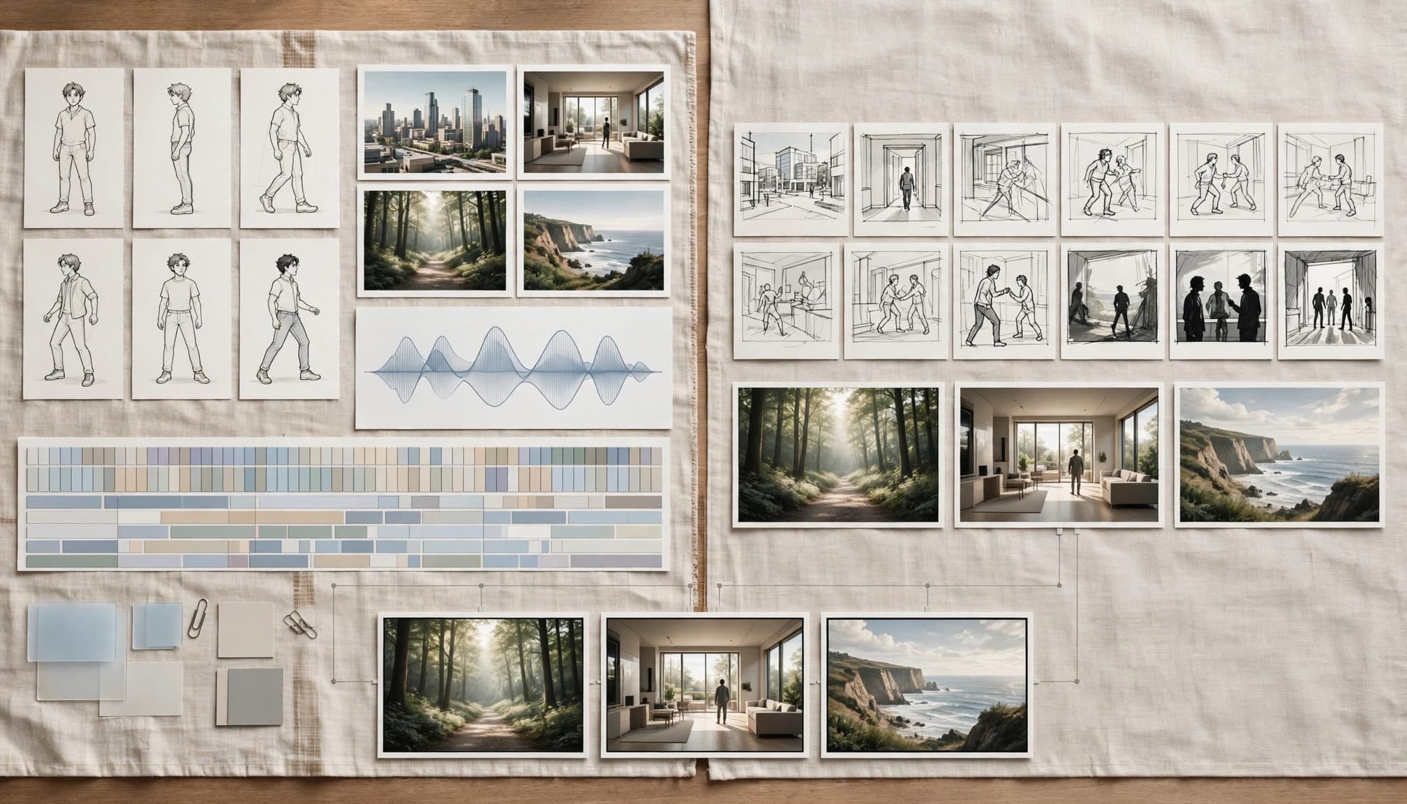 Two production workflows show creative assets on one side and storyboards with finished scenes on the other.