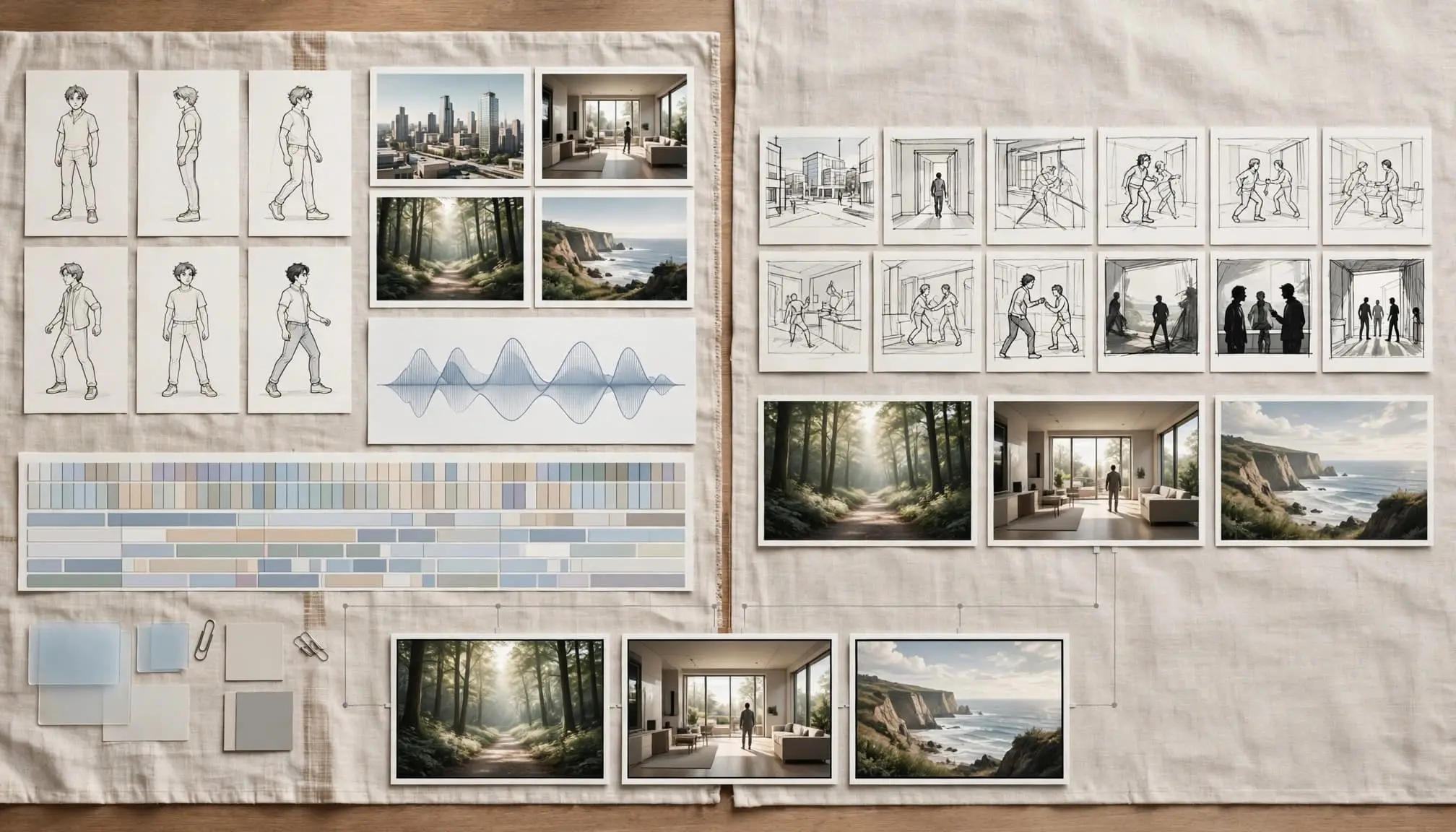 Two production workflows show creative assets on one side and storyboards with finished scenes on the other.
