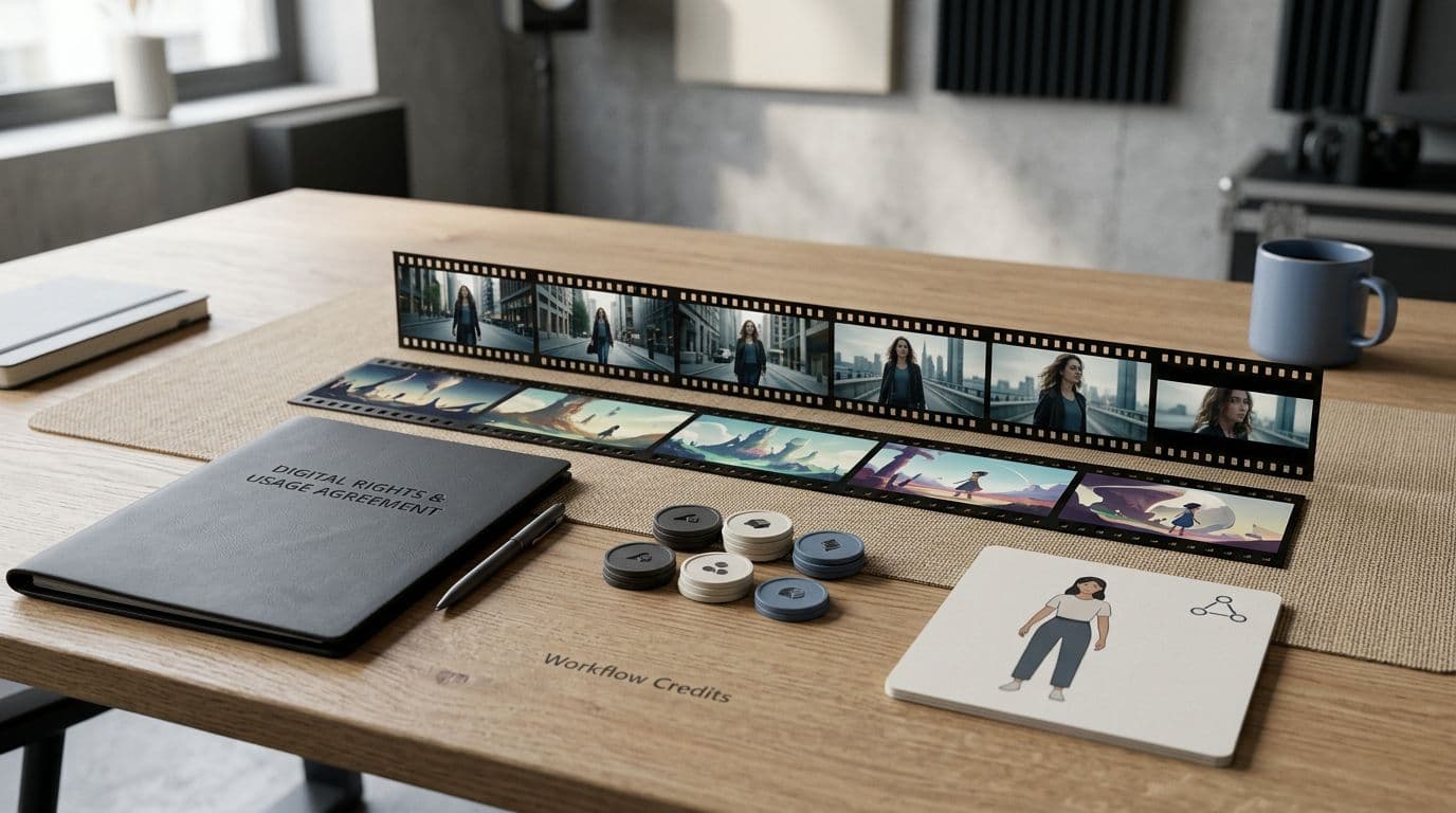 Film strips, credit tokens, a rights folder, and a character card arranged on a studio table.