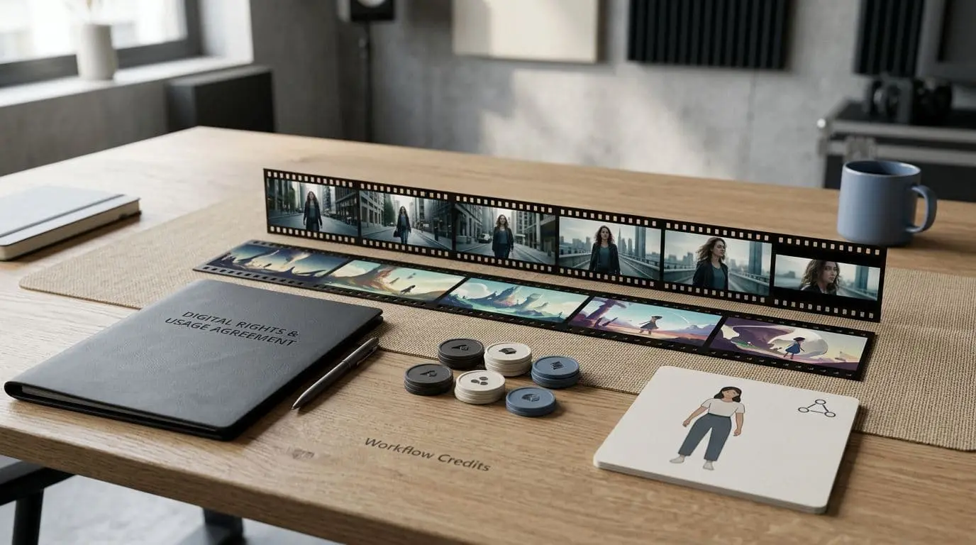Film strips, credit tokens, a rights folder, and a character card arranged on a studio table.