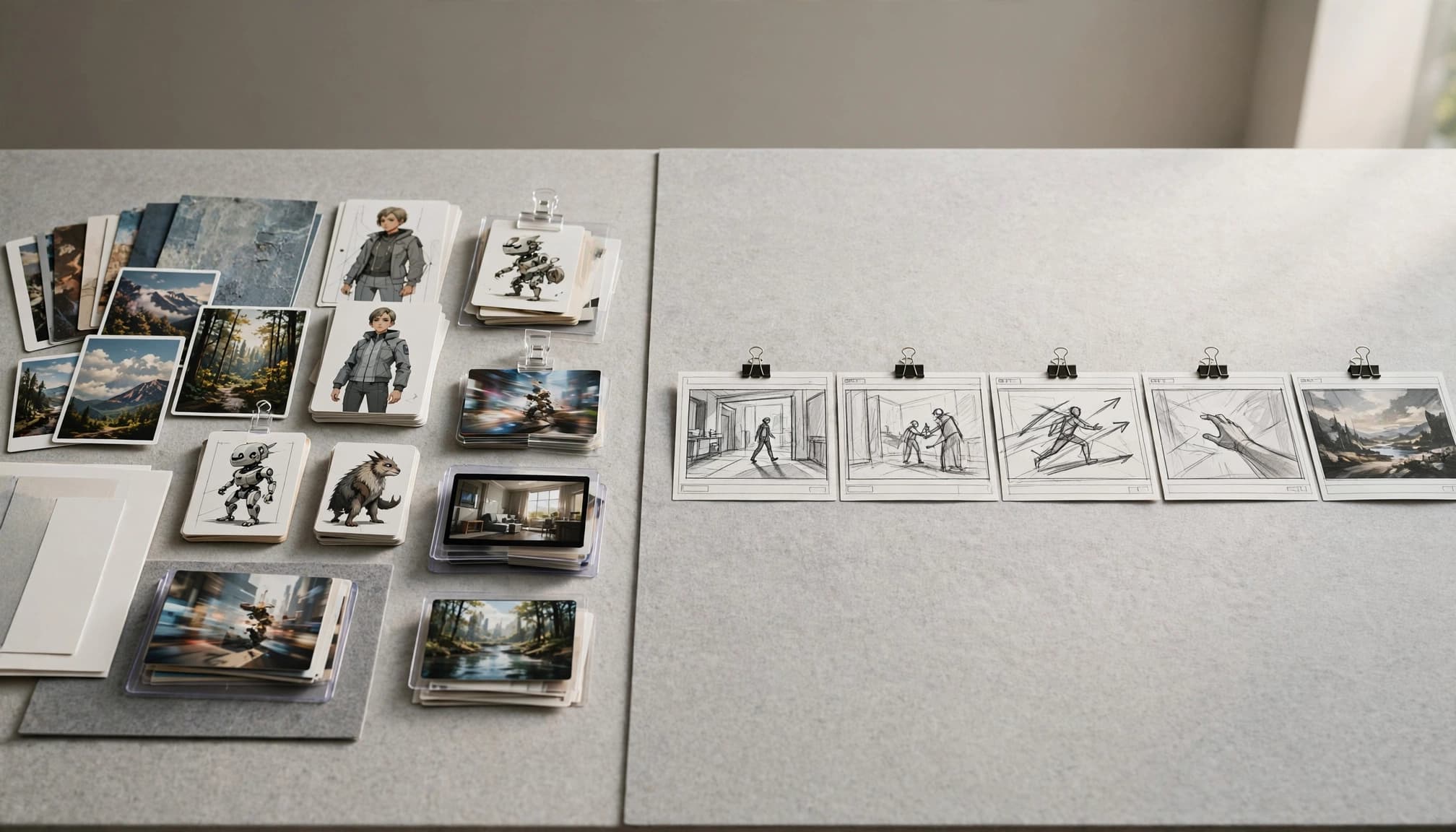Asset cards sit beside a sequence of storyboard frames on a studio table.