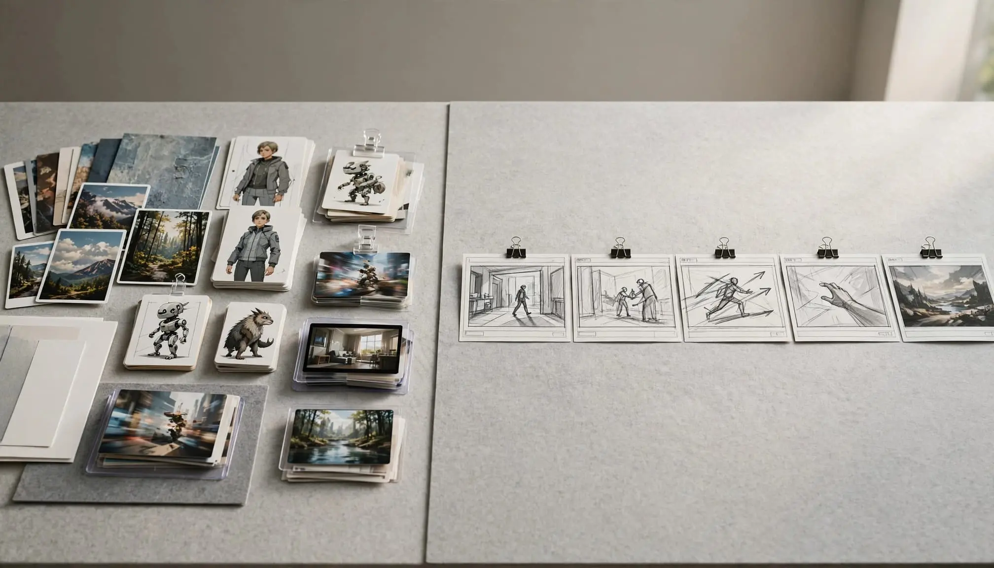 Asset cards sit beside a sequence of storyboard frames on a studio table.