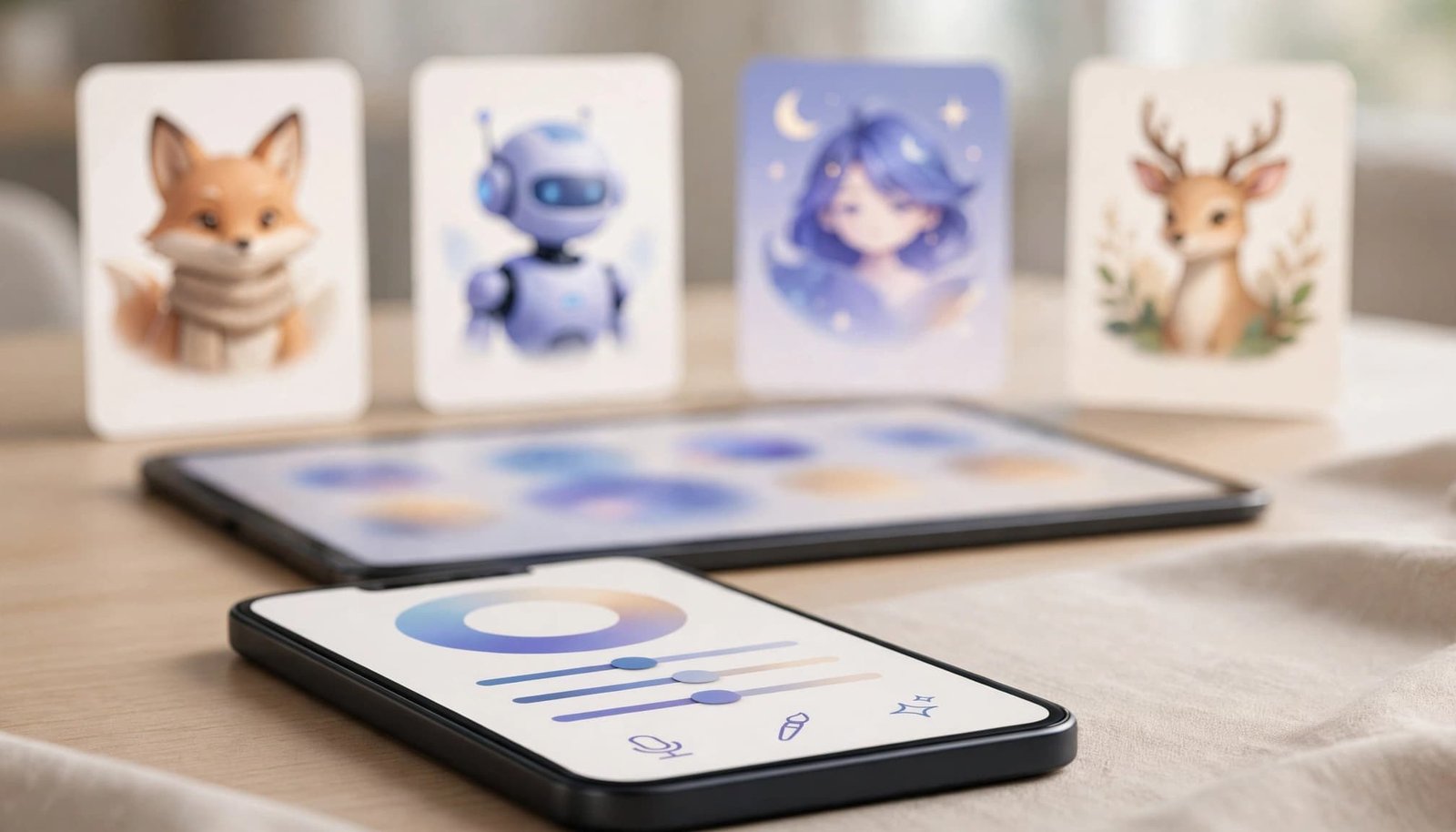A smartphone sits before varied virtual character cards and a blurred tablet.