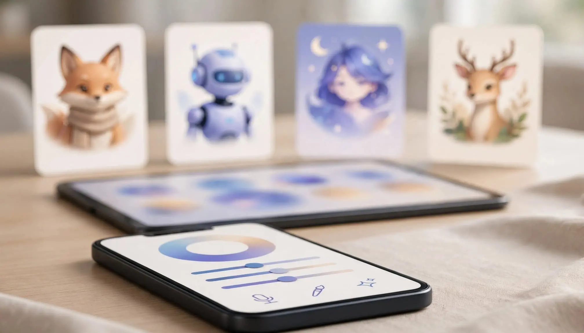 A smartphone sits before varied virtual character cards and a blurred tablet.
