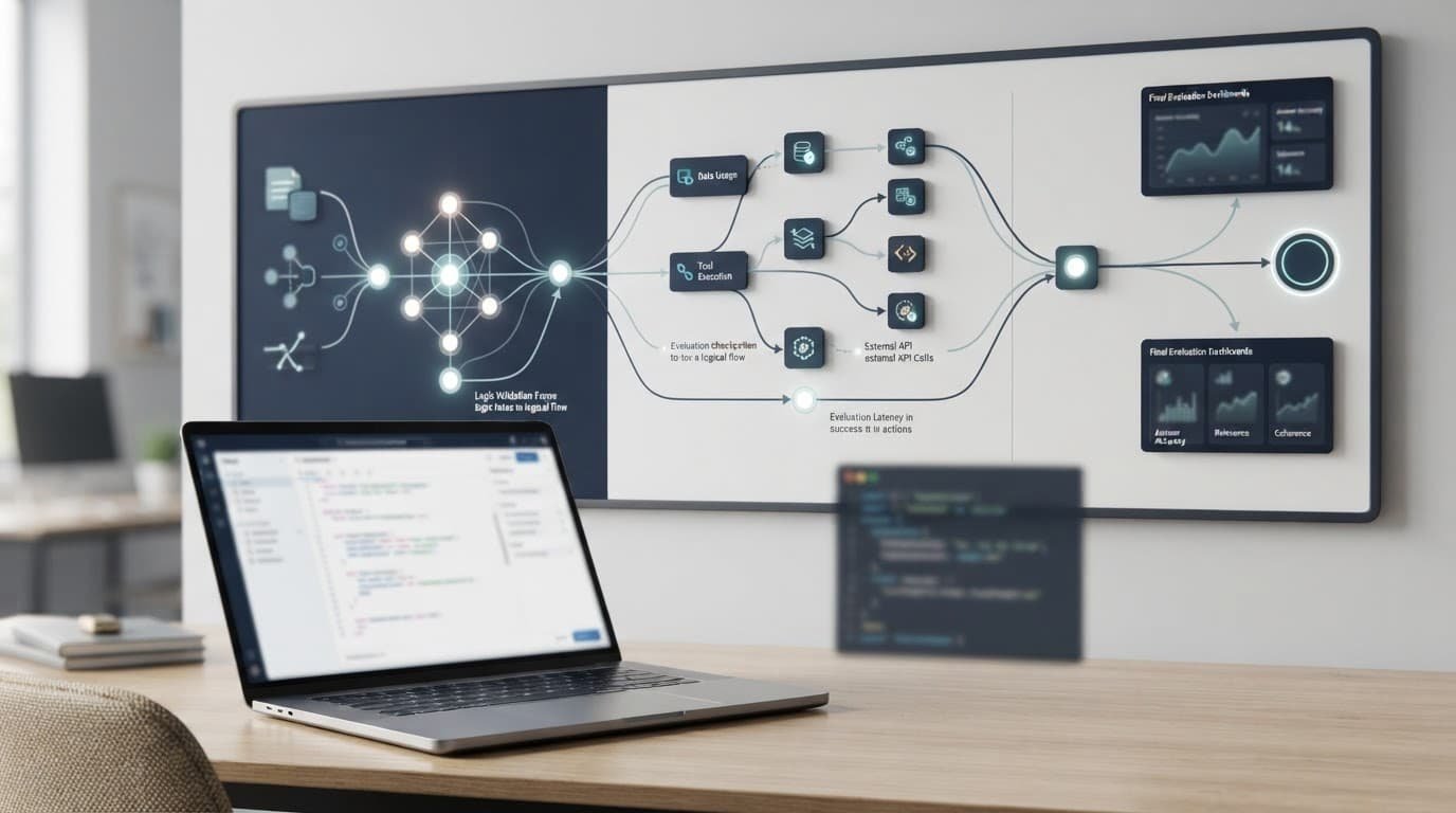 Laptop beside a workflow board with three evaluation stages in a SaaS workspace.