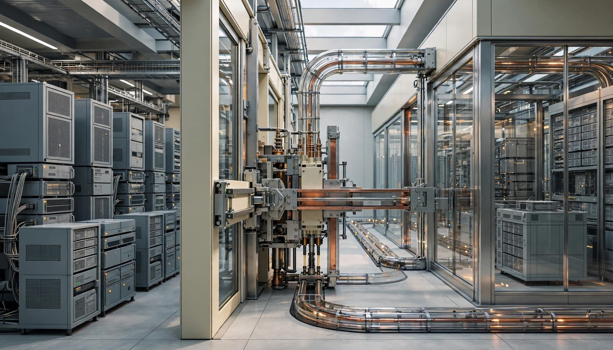 A central metal gate blocks one route to a glass data vault while another stays open.