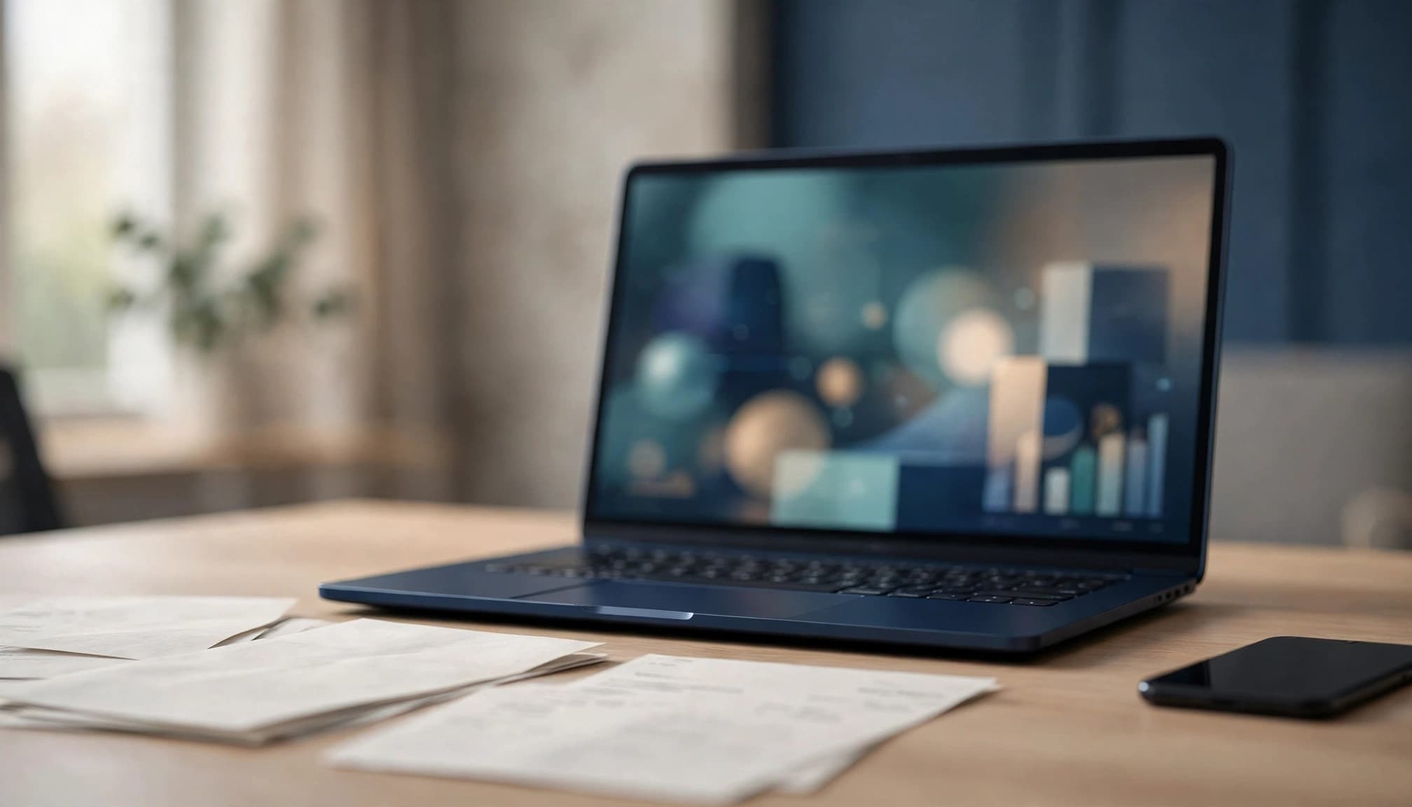 A modern laptop on a wooden desk with papers and a smartphone.