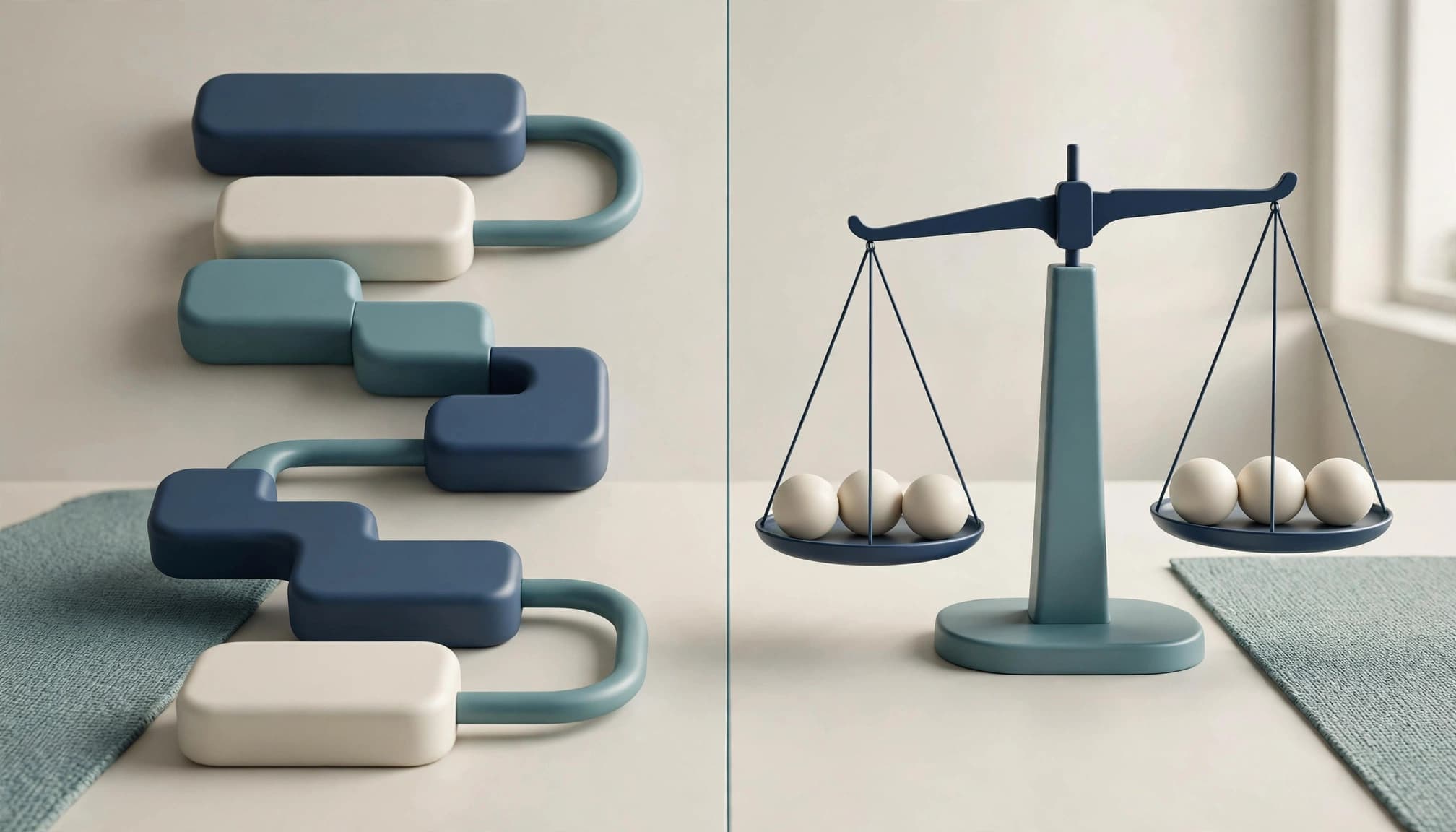 AI Math Solver Apps That Show Each Algebra Step 3 A 3D visualization showing an equation path of connected blocks on the left and a balanced scale on the right.