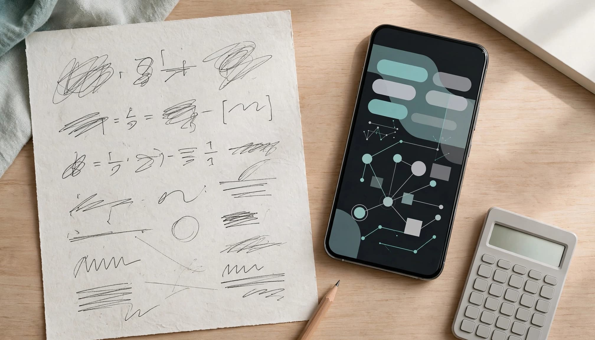 AI Math Solver Apps That Show Each Algebra Step 2 Overhead view of a smartphone, a paper with abstract scribbles, a pencil, and a calculator on a wooden table.