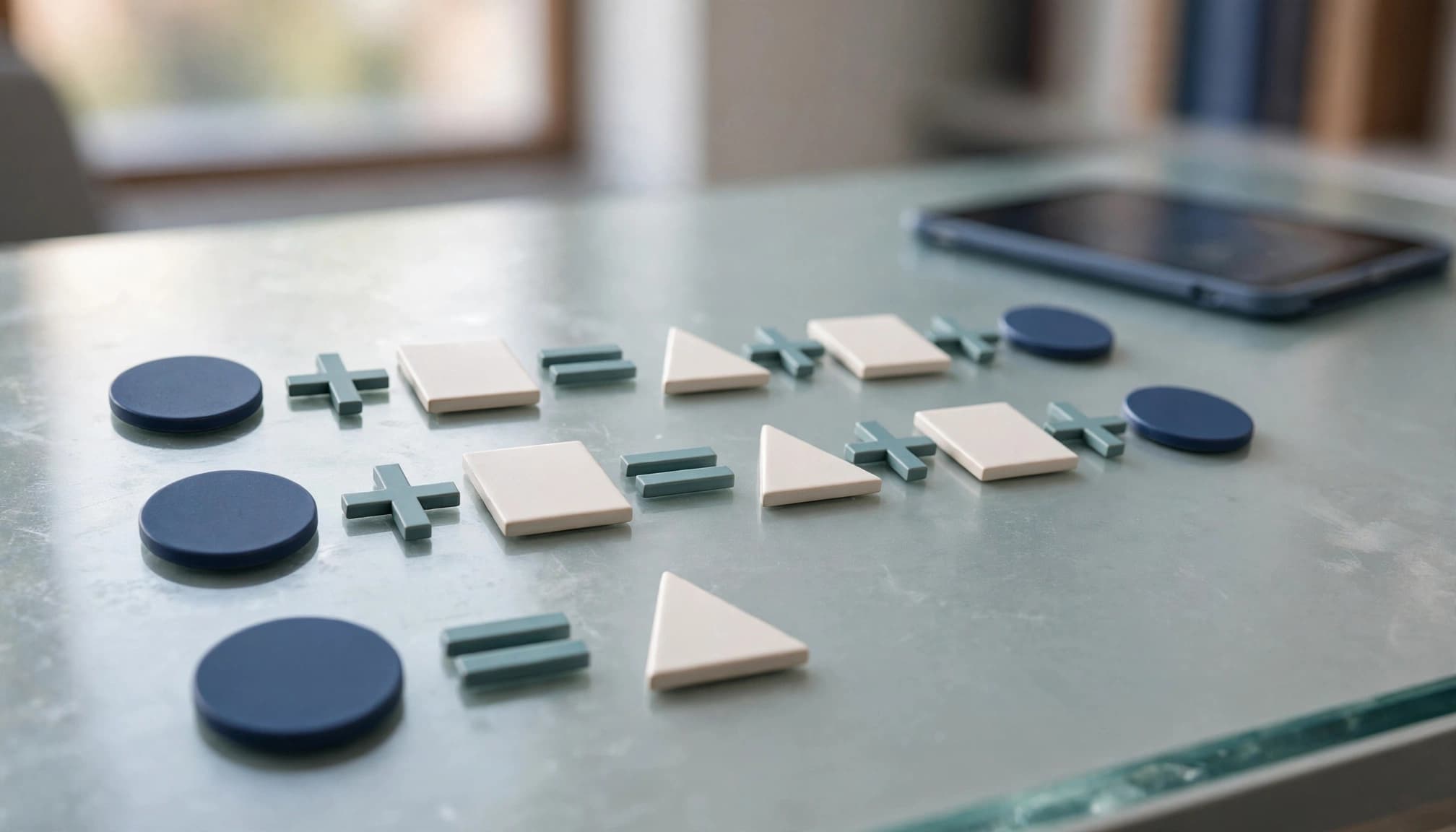 Geometric tiles arranged as algebraic equations on a glass desk with a tablet in the background.