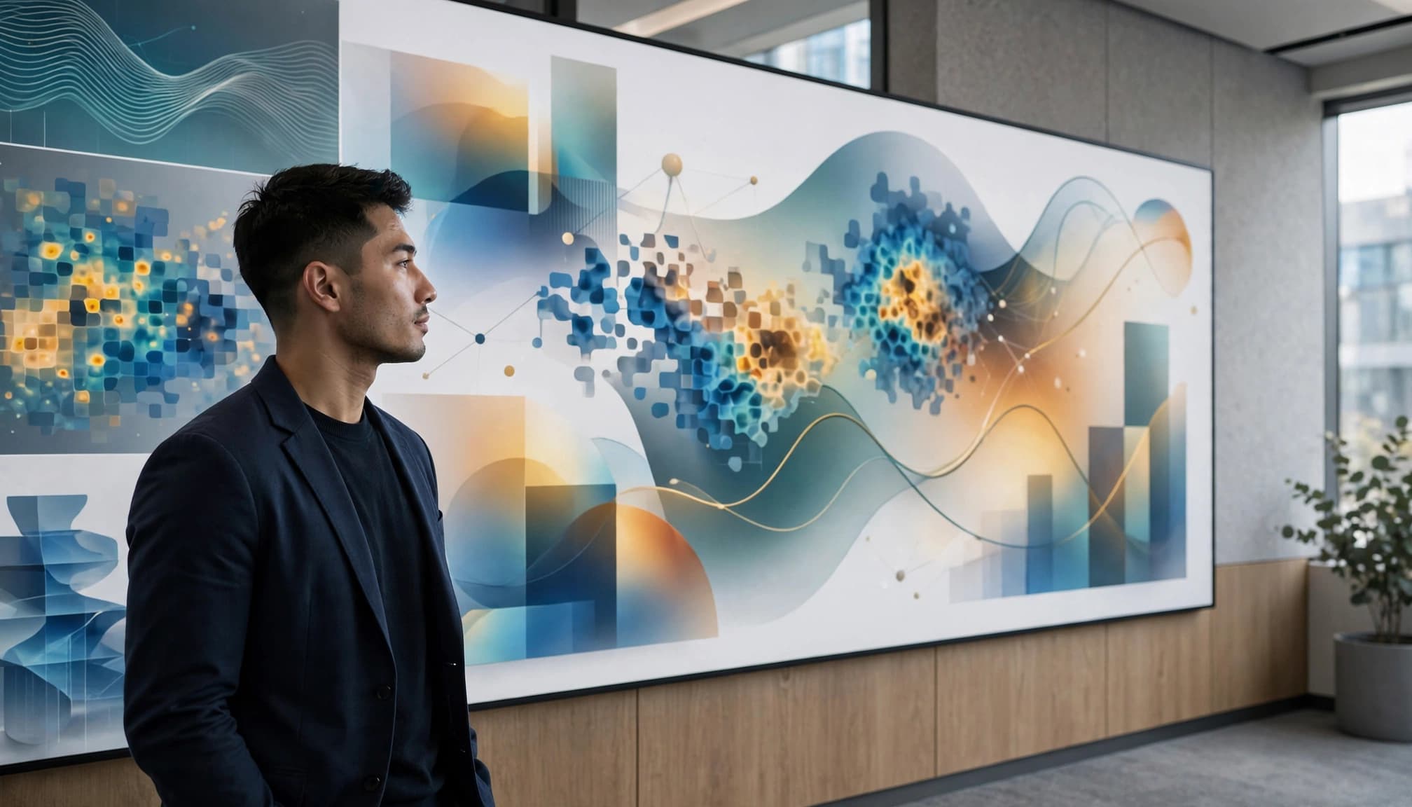 A professional studies abstract charts on a large wall display in a modern office.