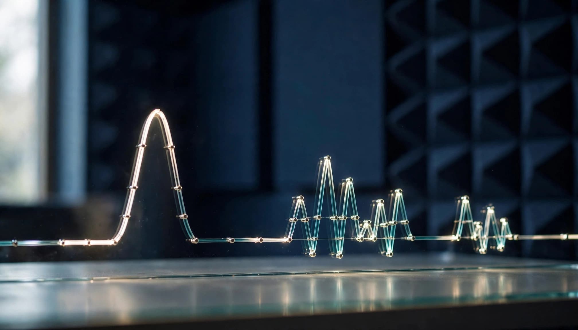 A teal and warm white waveform with pauses and markers on glass in a dark studio.
