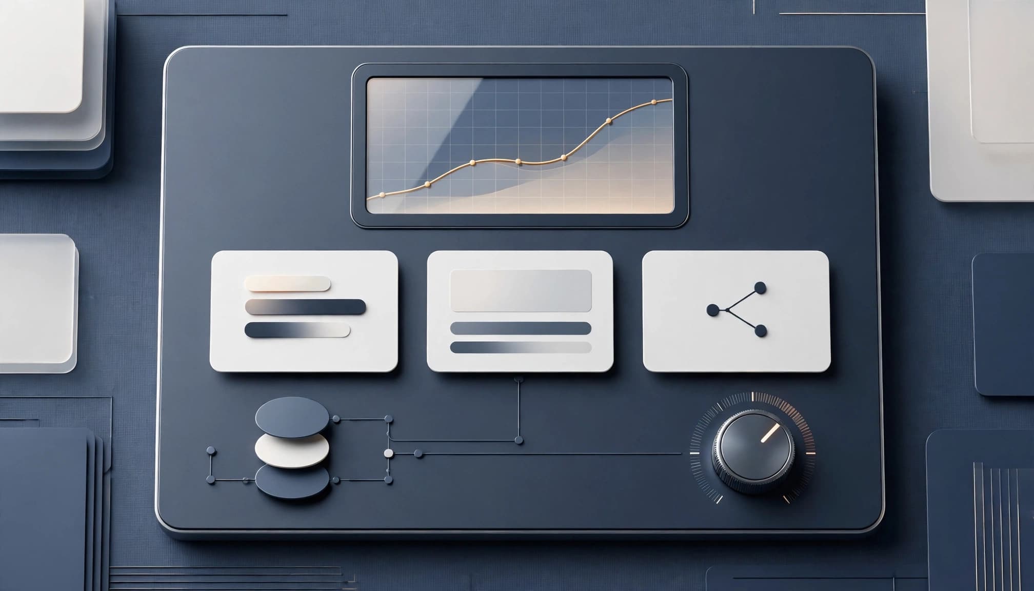 A sleek digital analytics interface with a graph, ad cards, and a control dial on a dark surface.