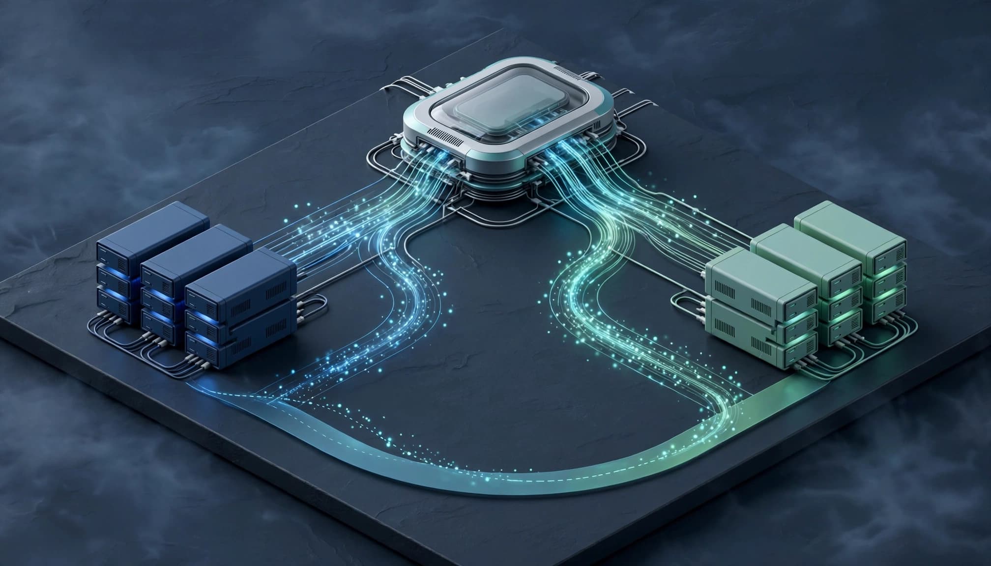 A 3D render of a cloud infrastructure visualization showing two server clusters connected by light paths.