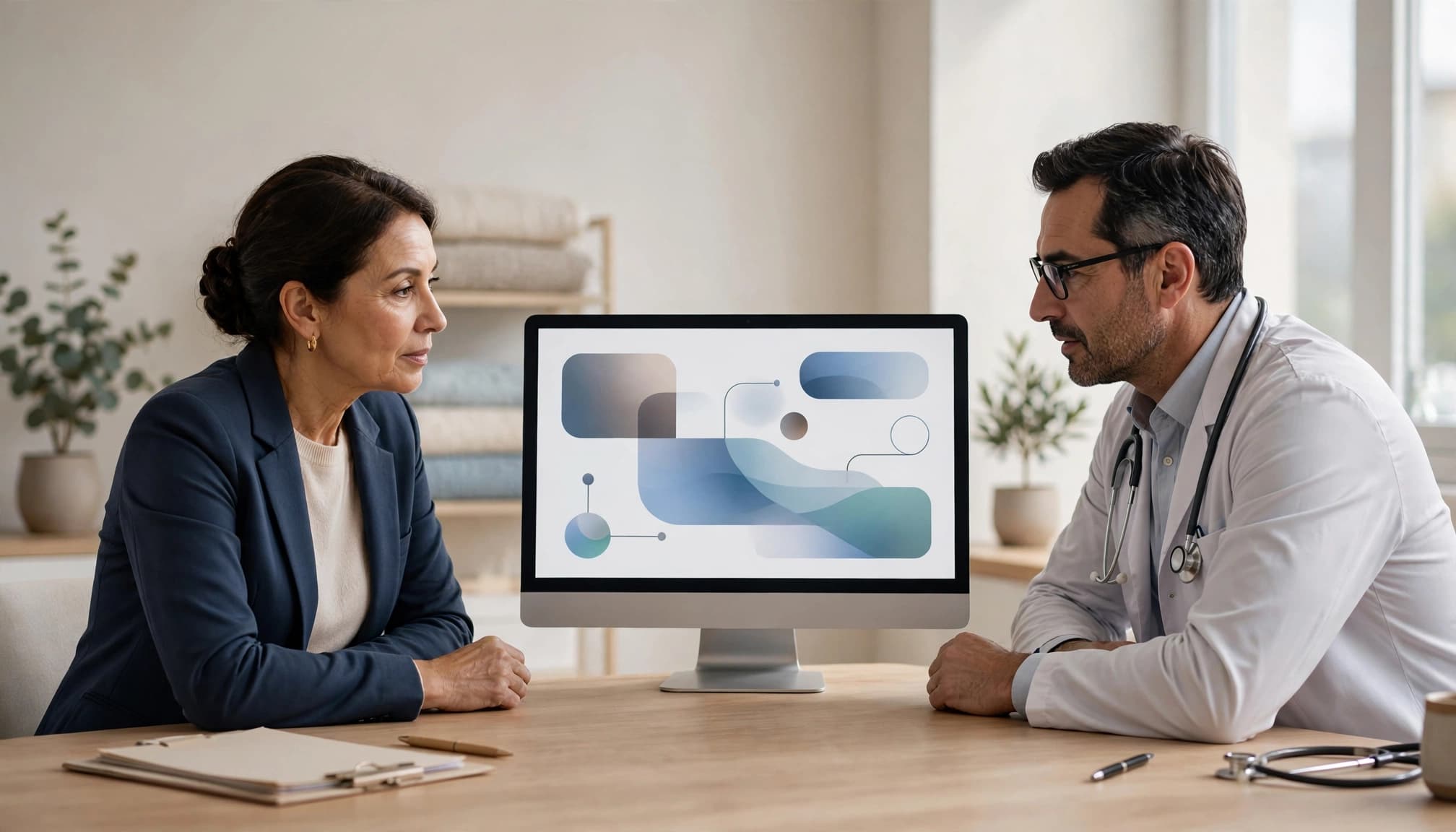A medical administrator and a clinician review abstract shapes on a computer screen.