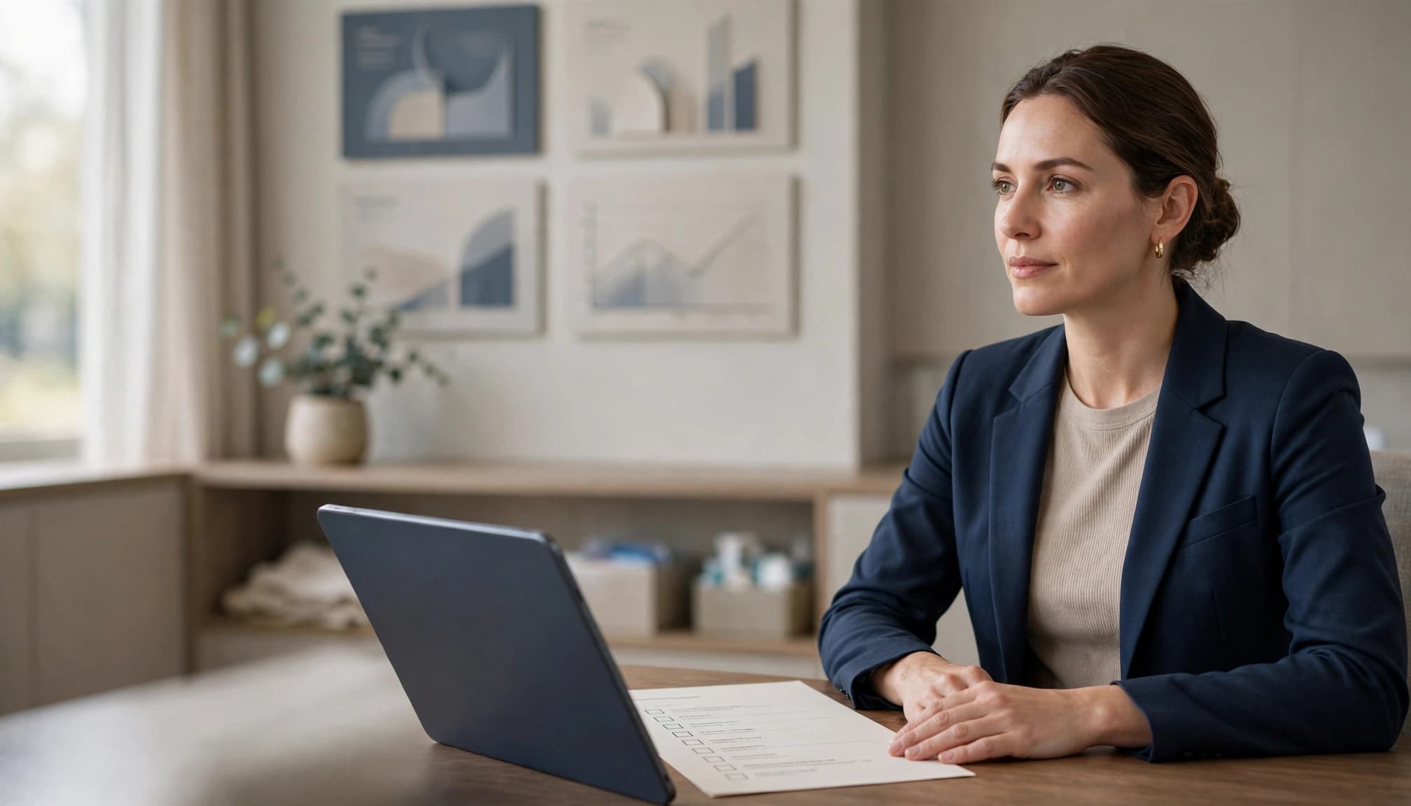 A woman in a navy blazer sits at a desk with a tablet and checklist in a clinic setting.