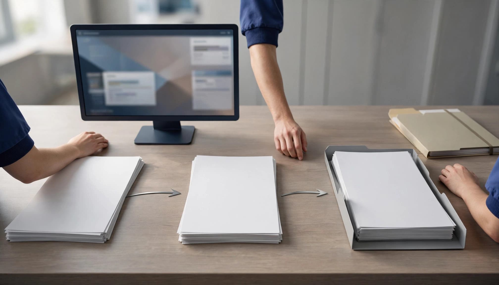 A workstation with three stacks of paper representing a workflow and a computer monitor in the background.