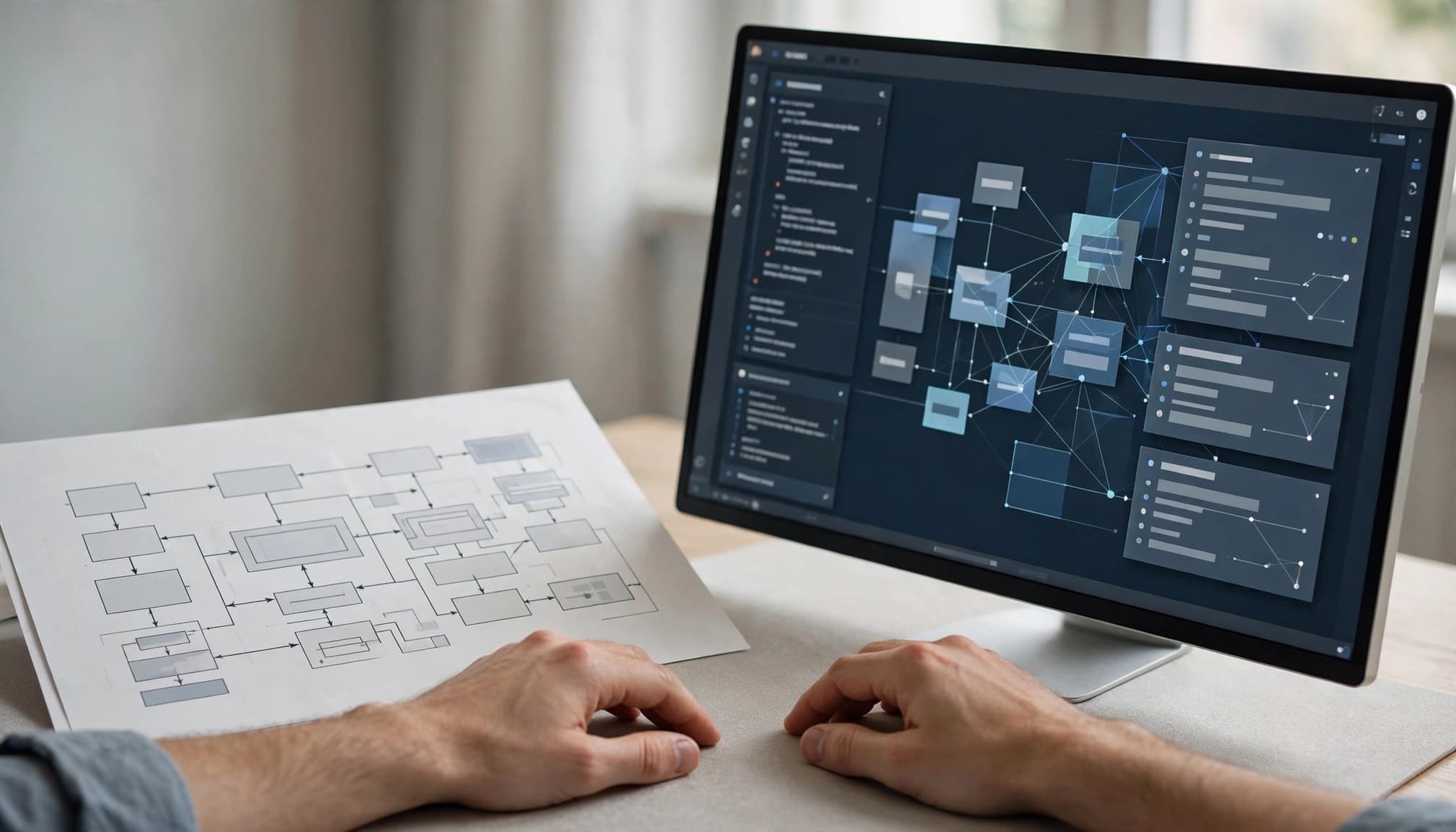 AI Code Documentation Tools for Legacy Repositories 2 A developer's hands rest near a printed diagram and a monitor showing code structure.