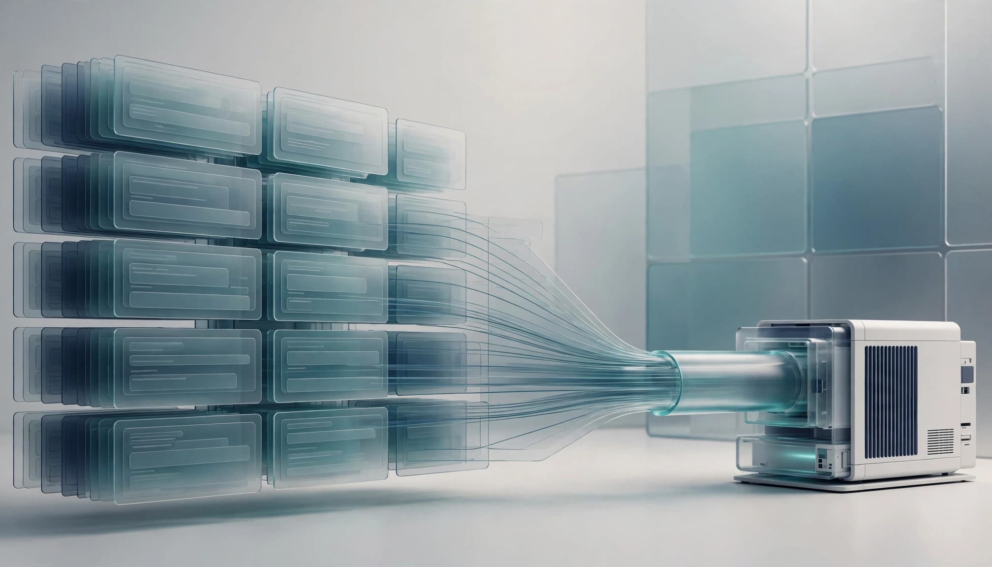 Translucent data panels flowing through lines into a small server unit.