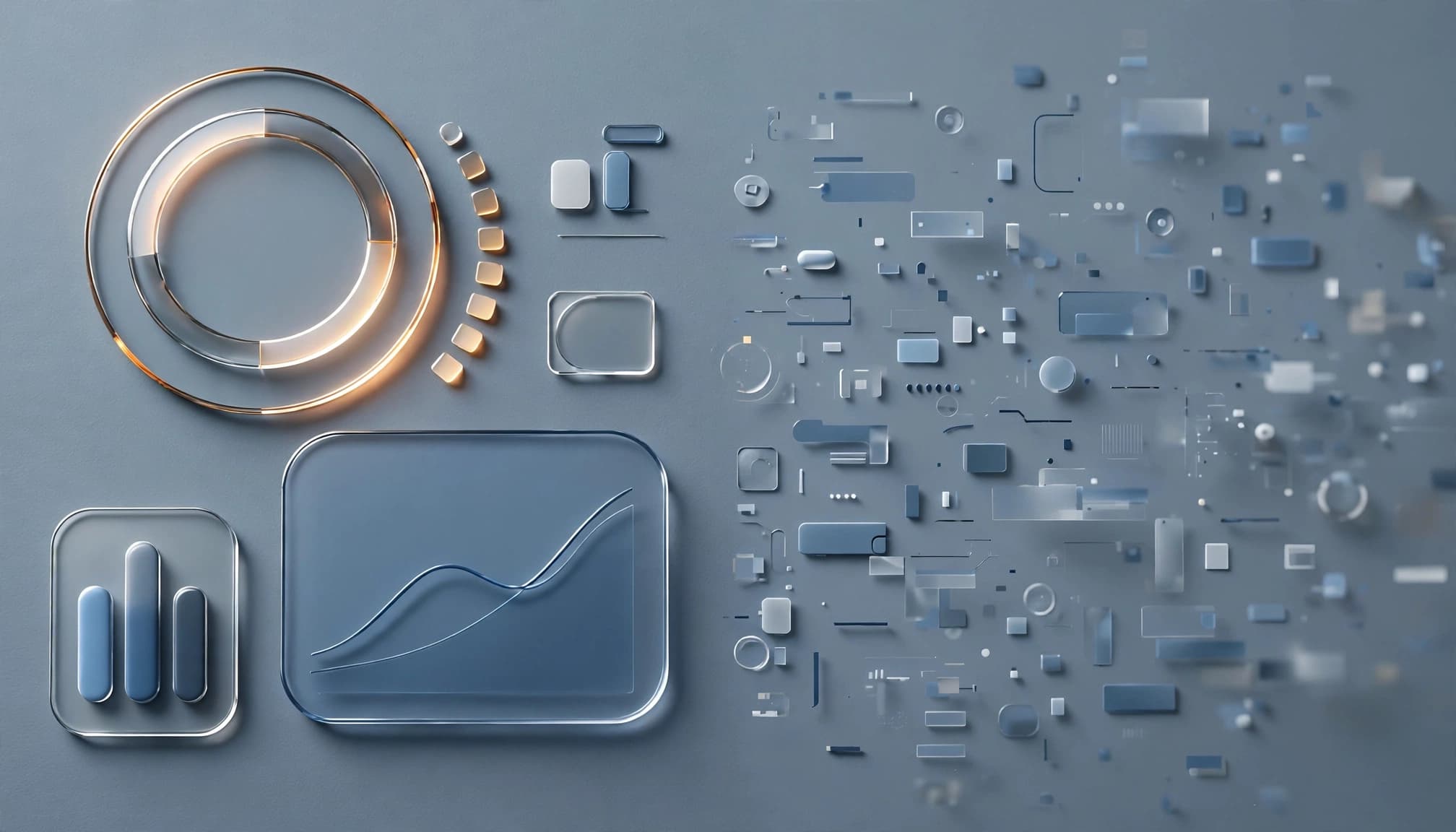 A 3D rendering of glass and metal interface panels and scattered signal fragments on a blue surface.