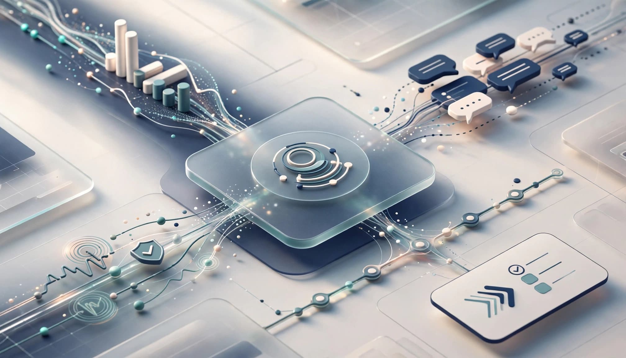 A 3D workflow visualization with data streams flowing into a central panel.