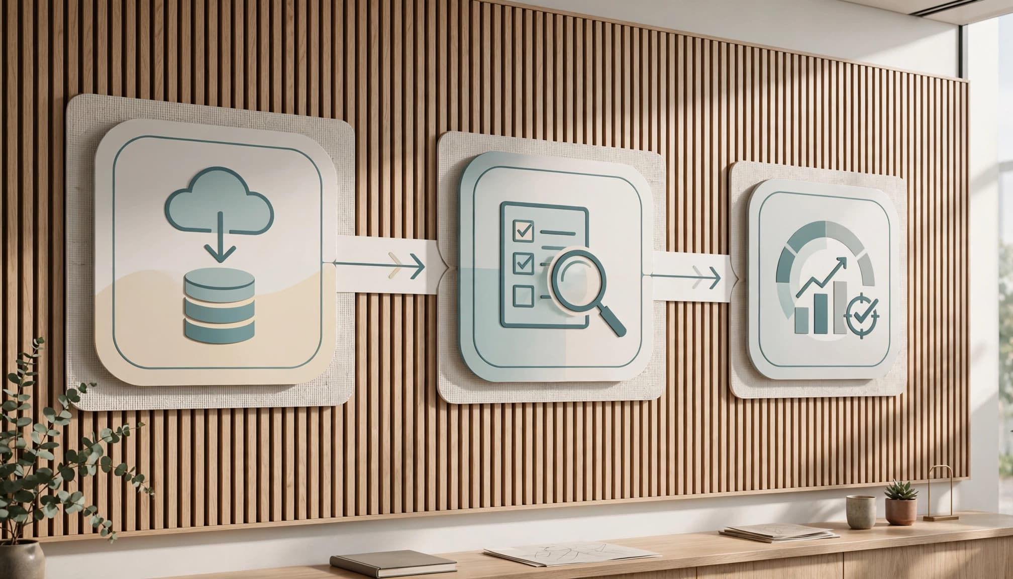 A process diagram on a wood-slat wall showing three stages: data input, review checklist, and measured outcome.