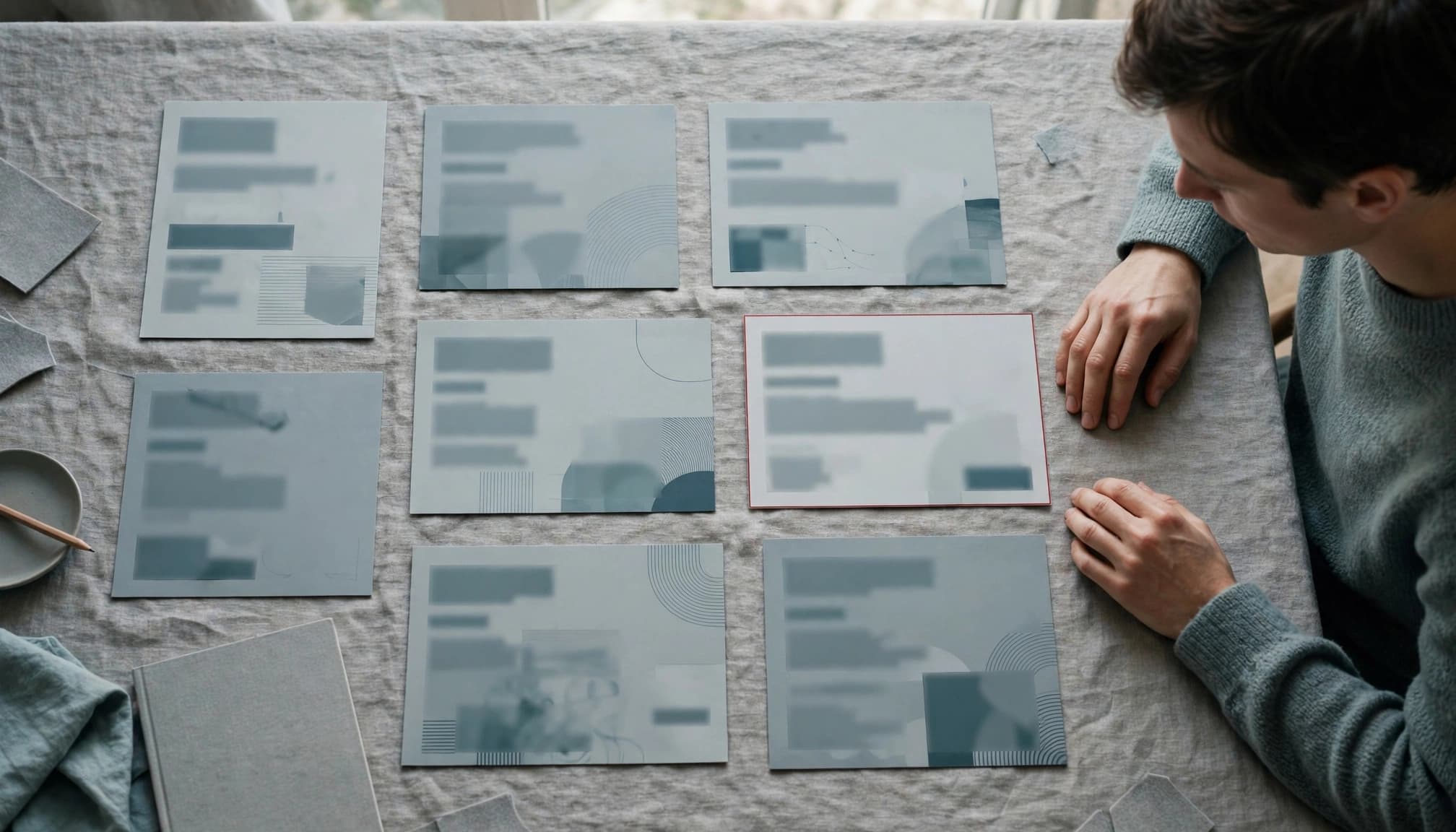 A person looks at several blurred cards laid out on a large table.