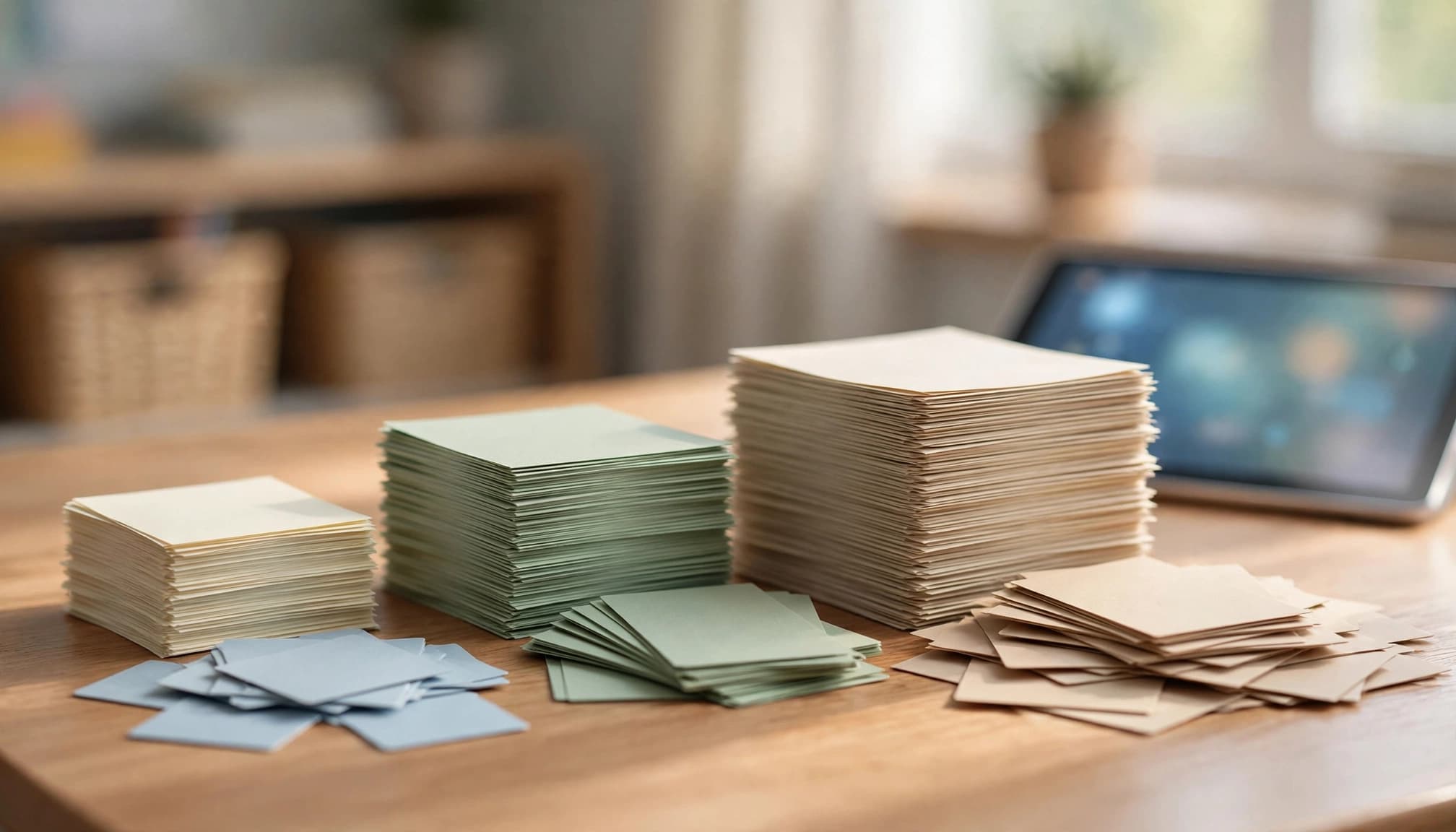 Three reading-material stacks and vocabulary cards sit beside a tablet.