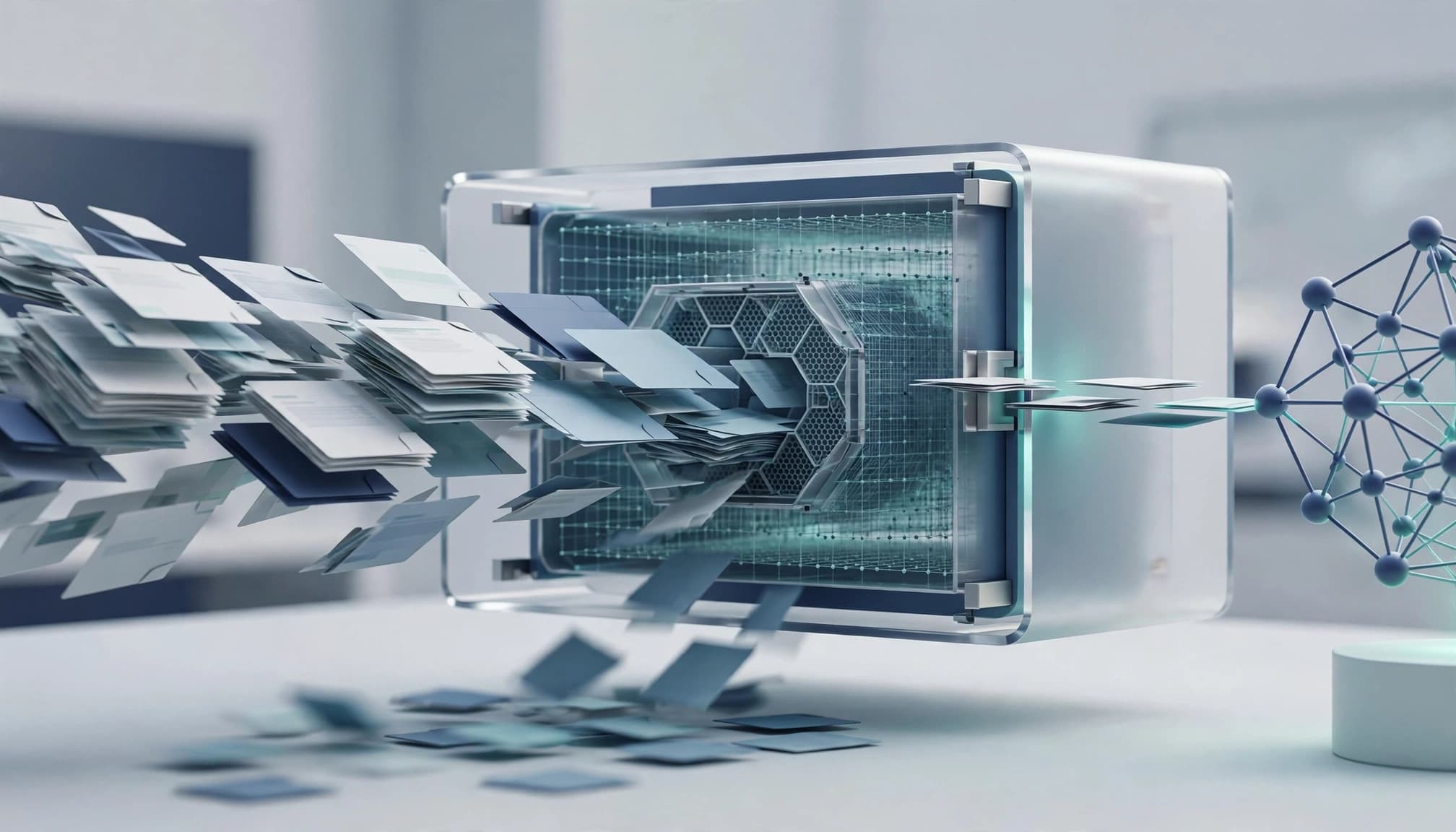 Document cards pass through a search chamber, with a few tiles continuing to a model node.